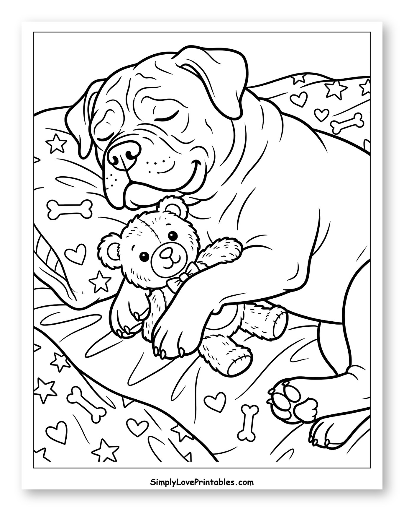 Sleeping Bullmastiff Hugging Teddy Bear