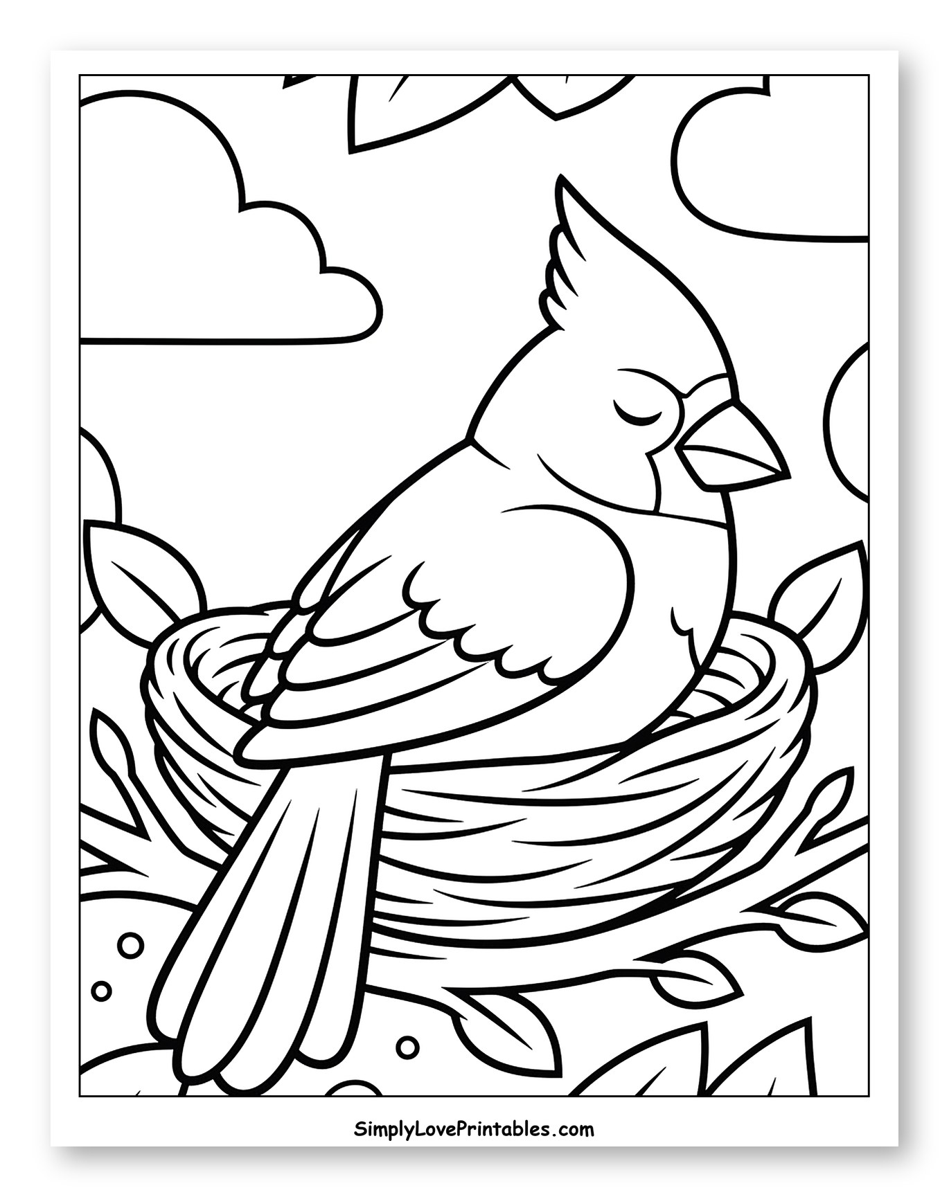Sleeping Cardinal Bird in Nest to Color for Toddlers