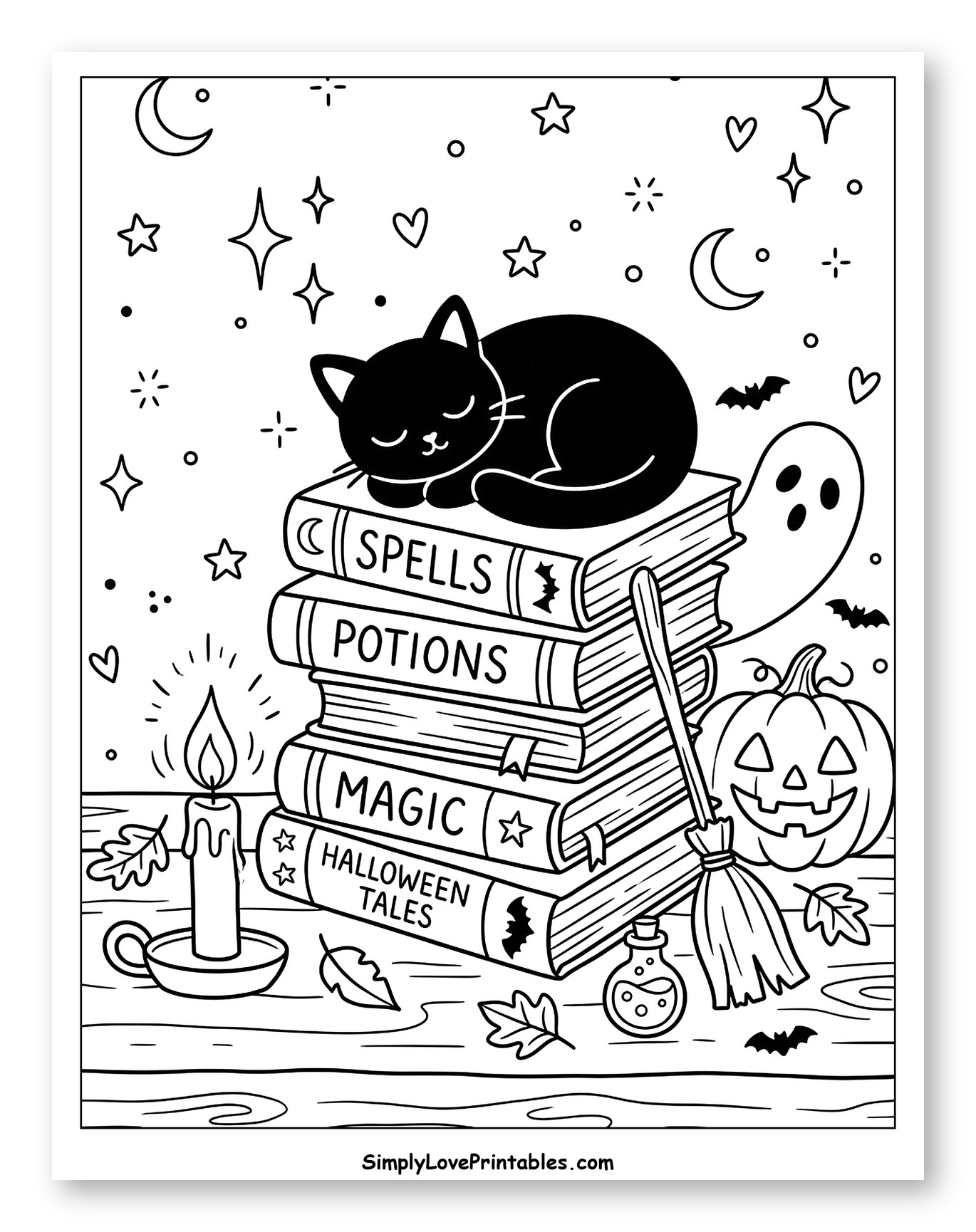 Sleeping Cat on Stack of Halloween Books to Color for Adults