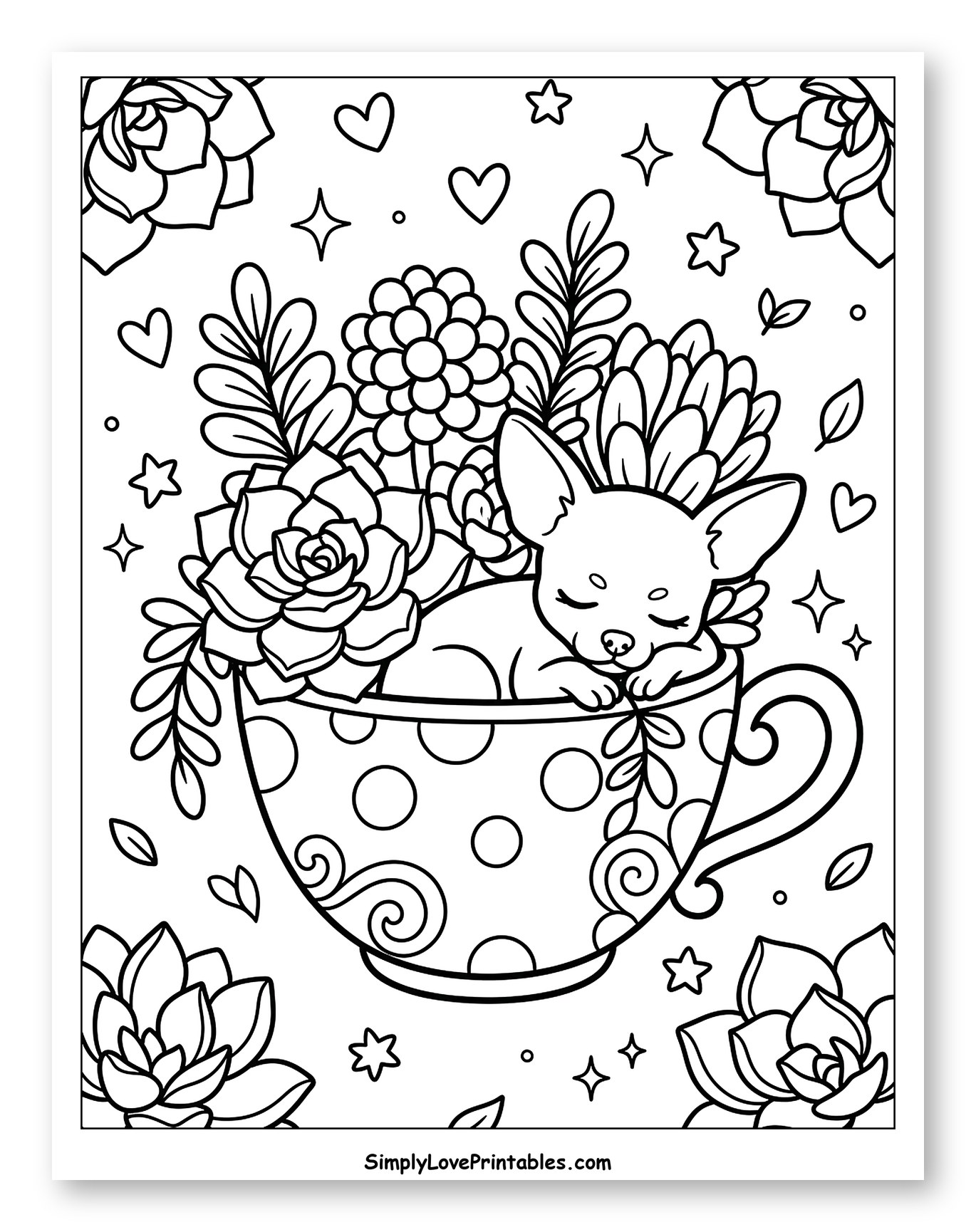Sleeping Chihuahua Puppy in Teacup with Succulents to Color for Adults
