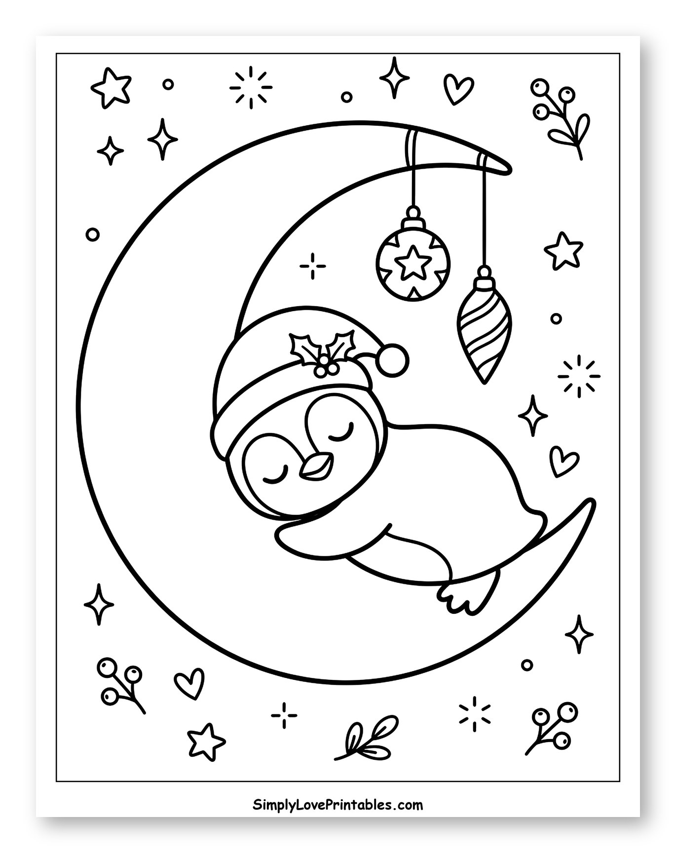 Sleeping Christmas Penguin on a Crescent Moon to Color for Adults