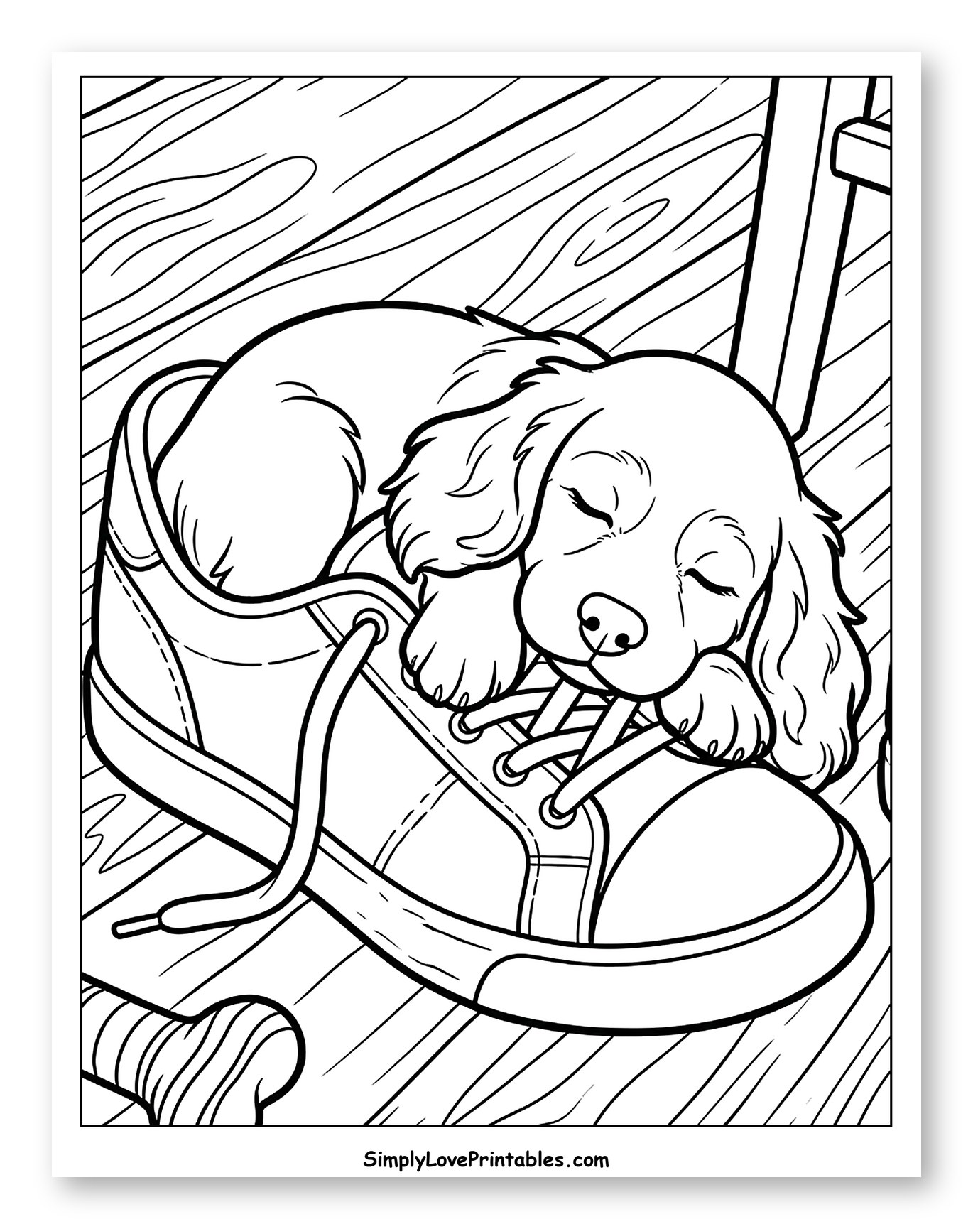 Sleeping Cocker Spaniel Puppy in a Shoe Coloring Sheet for Kids