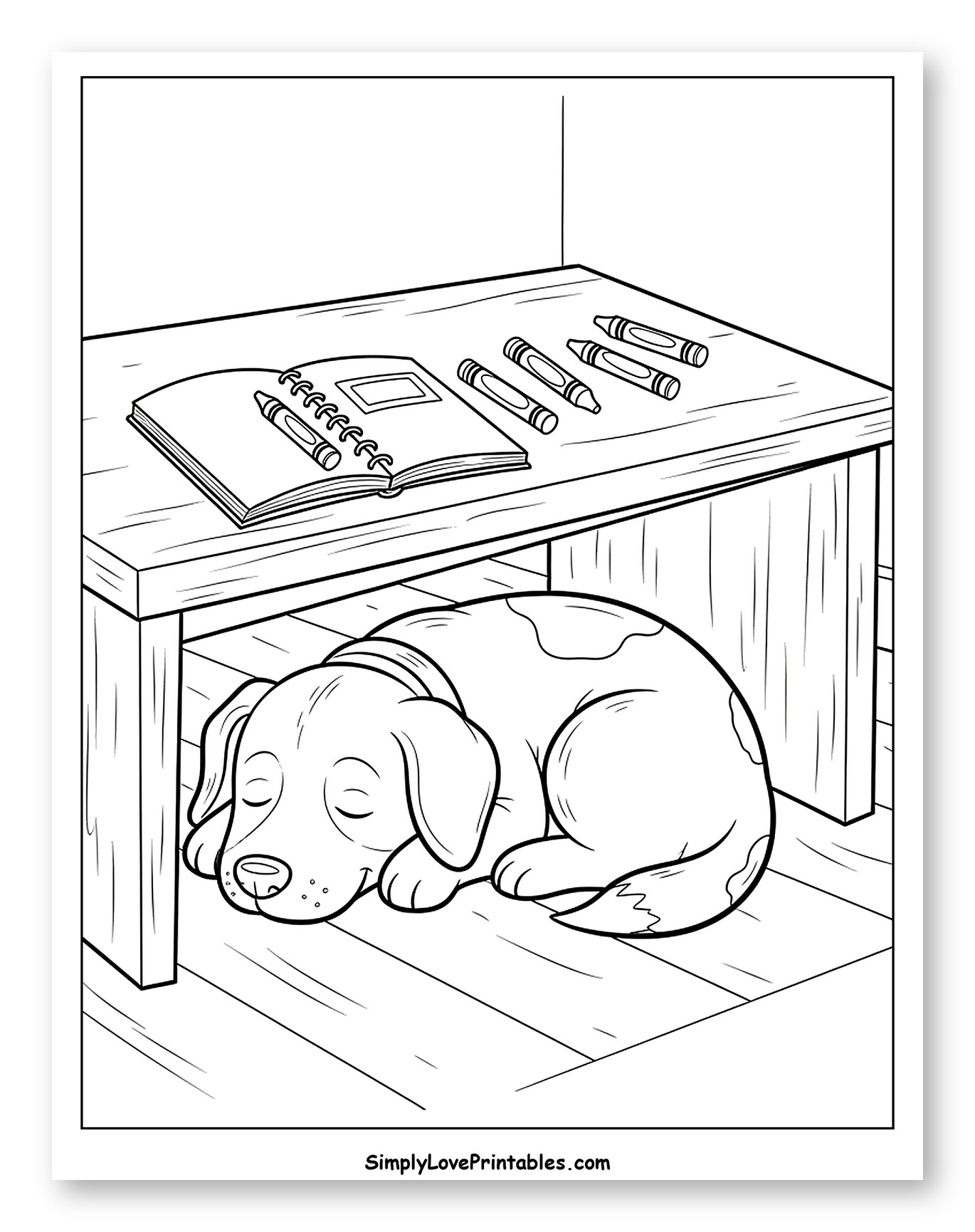 Sleeping Dog Under Desk with Art Supplies