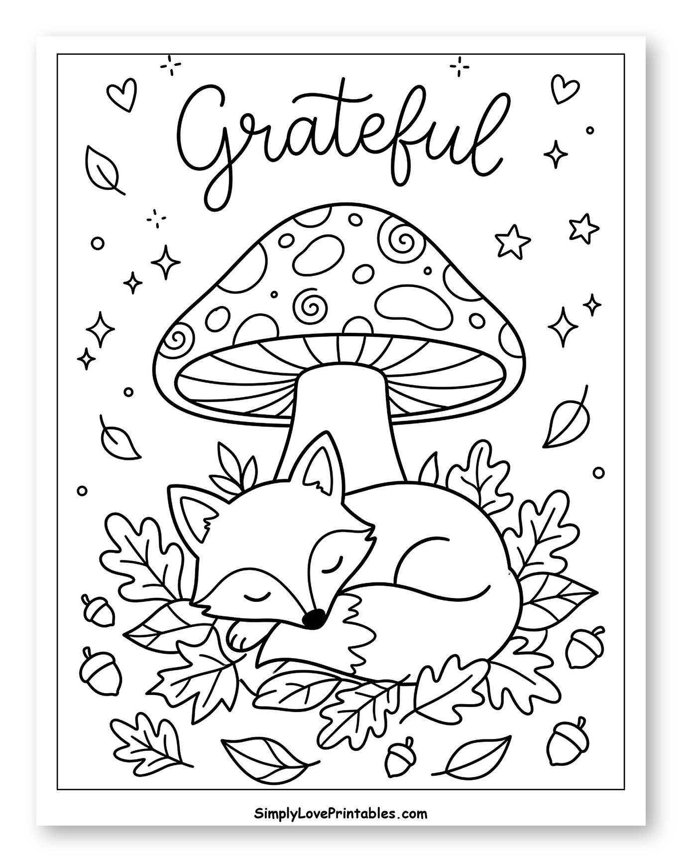 Sleeping Fox Nestled Under a Giant Mushroom to Color for Adults