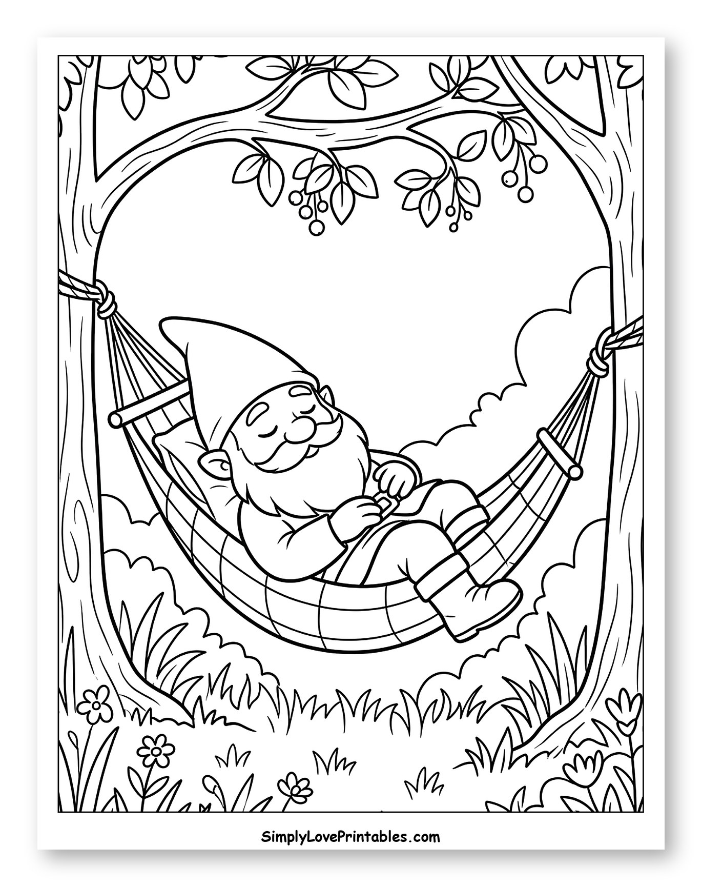 Sleeping Gnome in a Hammock Between Trees