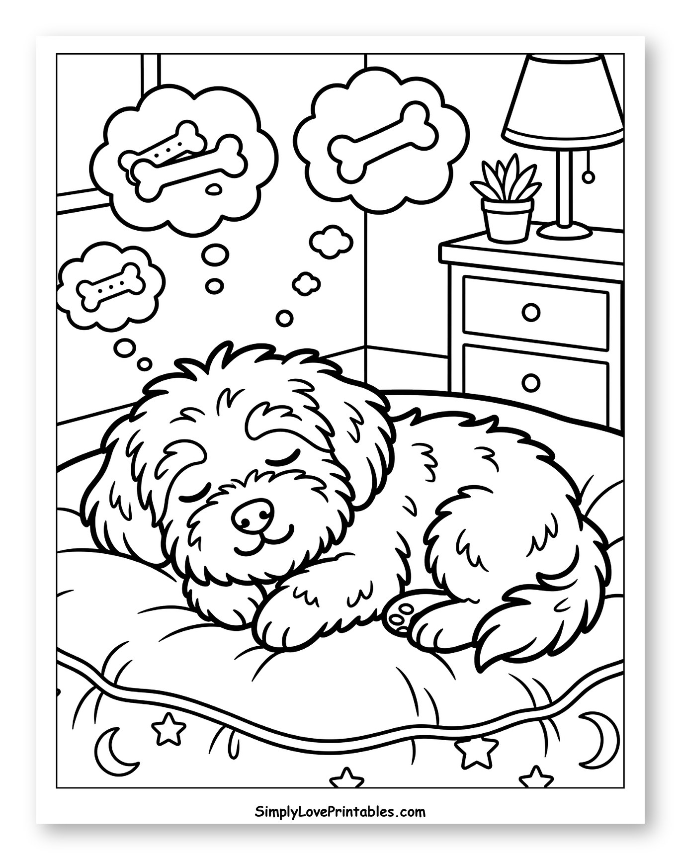 Sleeping Havanese Dog Dreaming of Delicious Bones Coloring Page for Kids