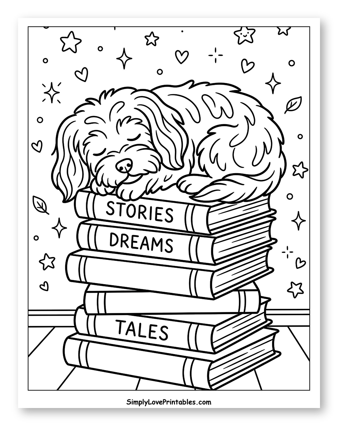 Sleeping Havanese Puppy on a Stack of Books Coloring Sheet for Adults