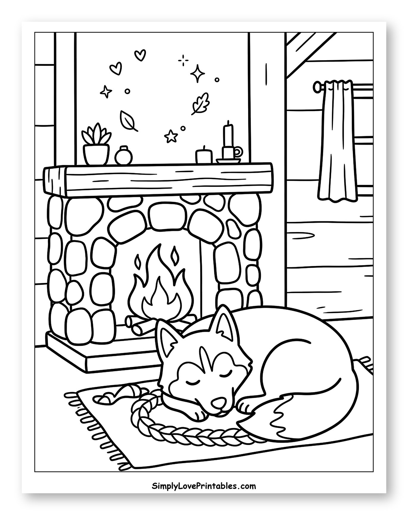 Sleeping Husky by Cozy Fireplace to Color for Adults
