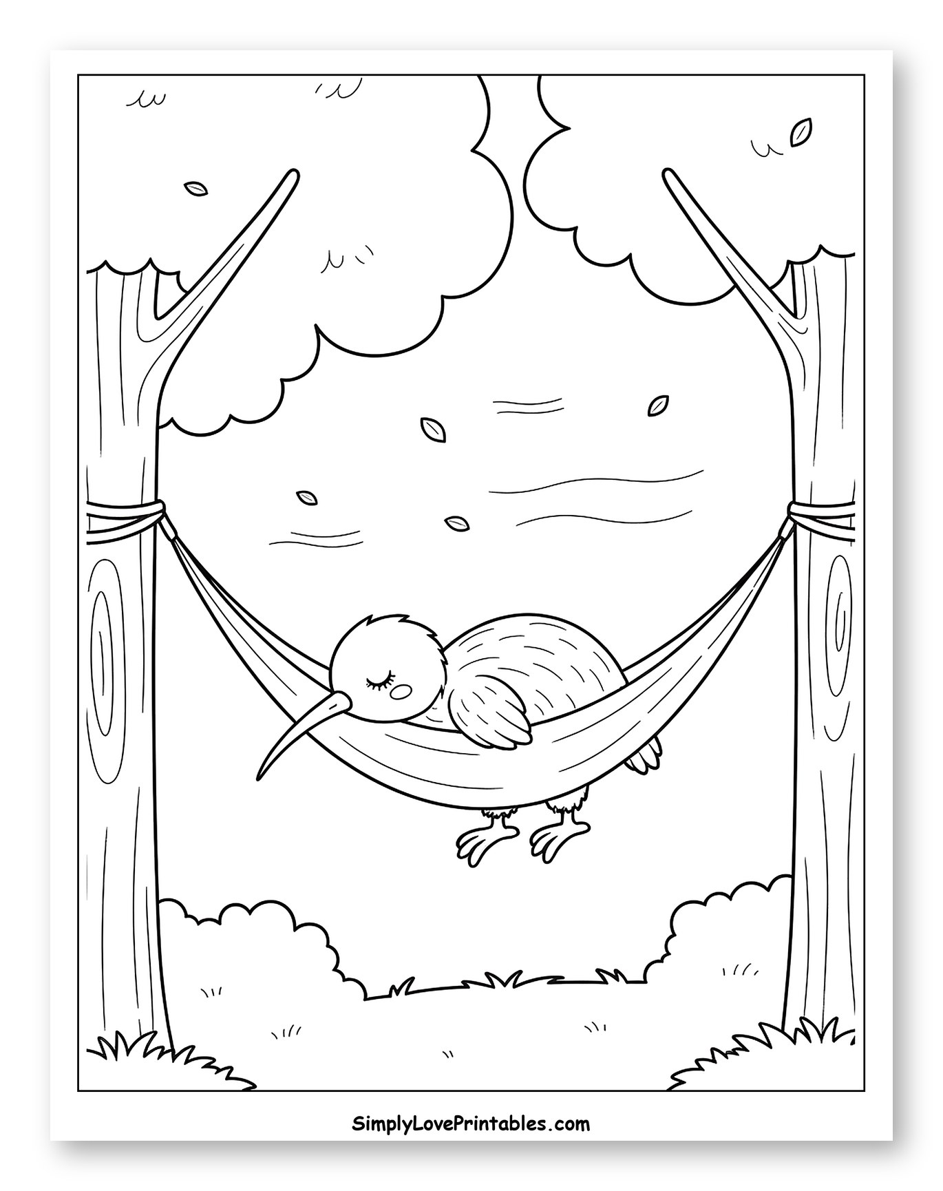 Sleeping Kiwi Bird in Hammock Between Trees Coloring Page for Kids