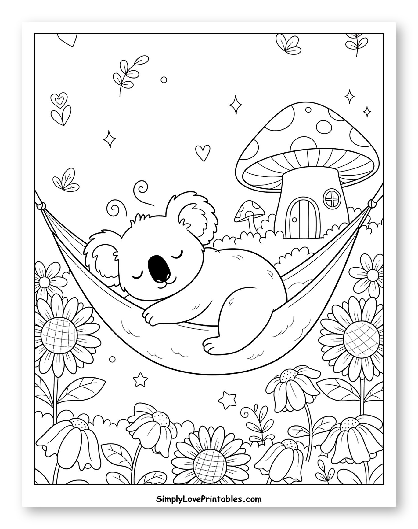 Sleeping Koala in Hammock with Mushroom House Coloring Page for Adults