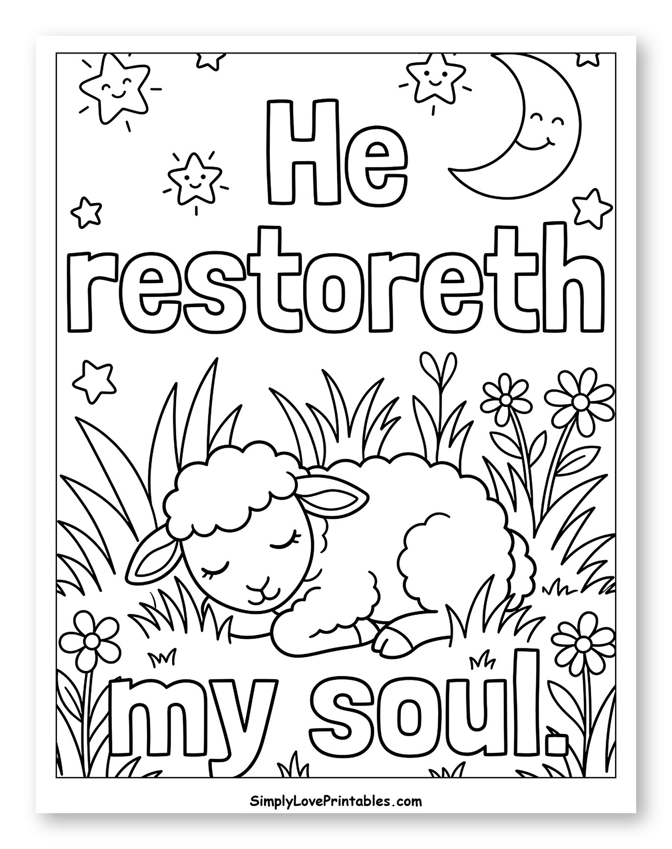 Sleeping Lamb with He Restoreth My Soul Verse to Color for Kids