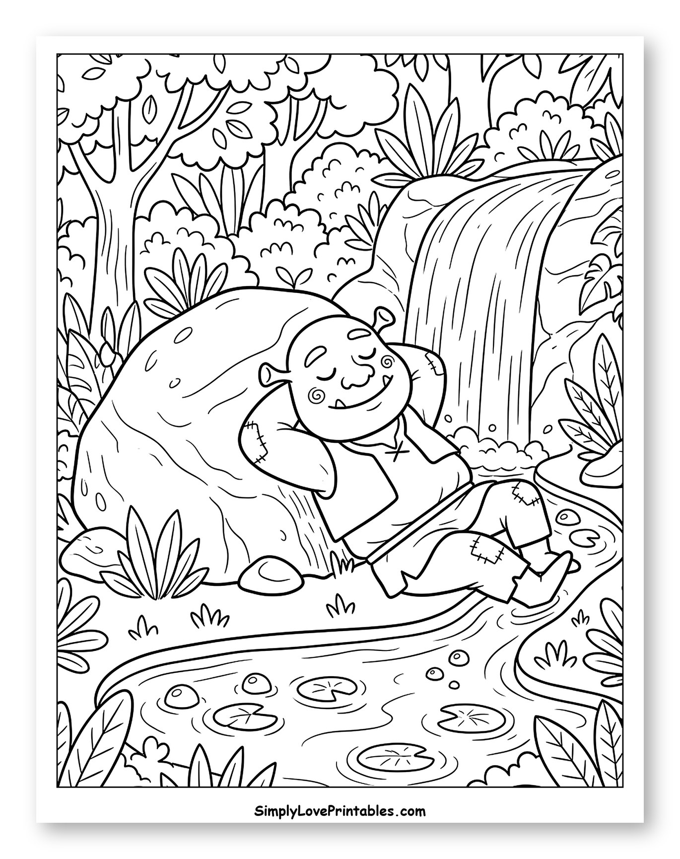 Sleeping Ogre Beside a Waterfall and Pond