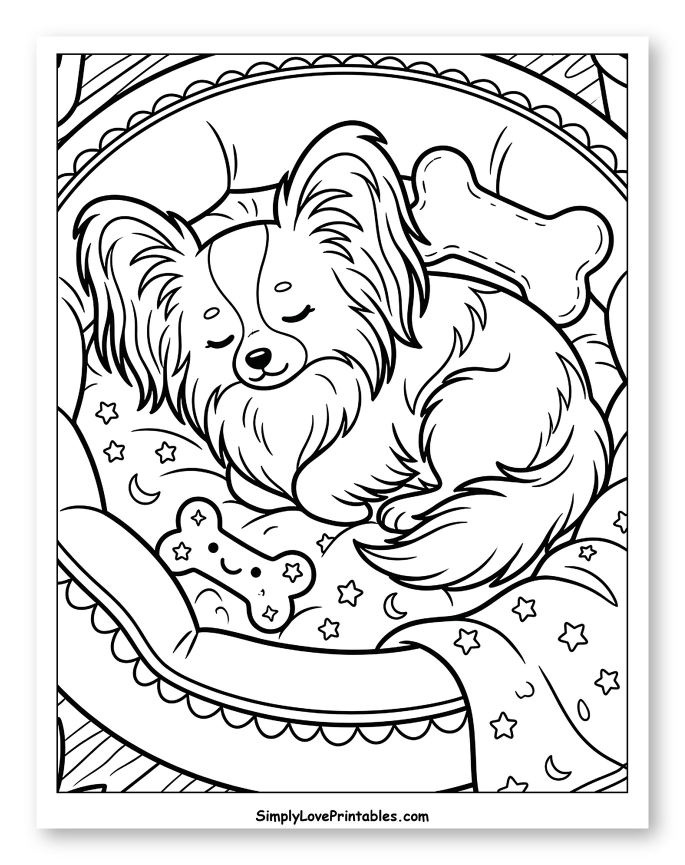 Sleeping Papillon Puppy in Cozy Bed Coloring Page for Kids