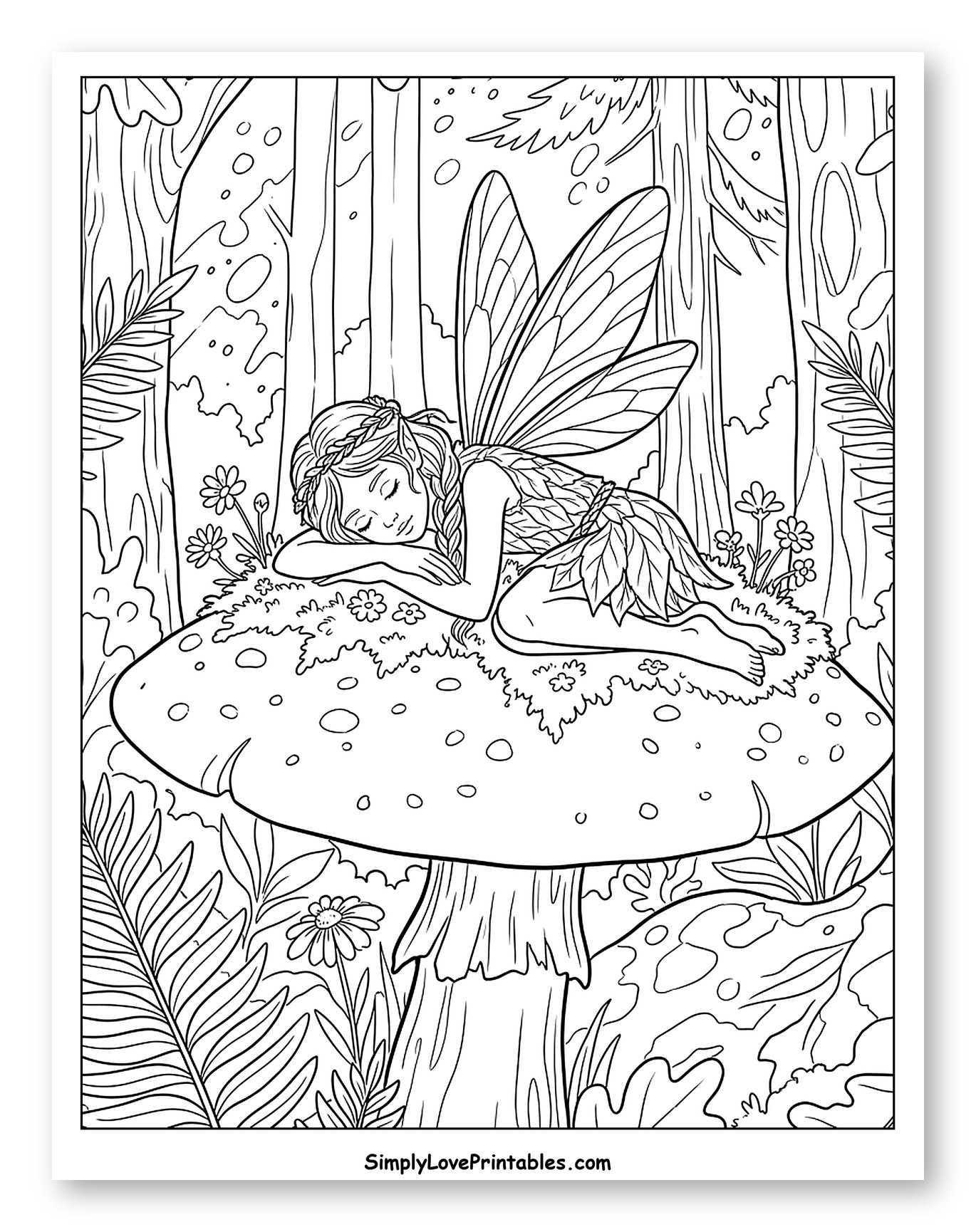 Sleeping Pixie on a Giant Mushroom Coloring Sheet