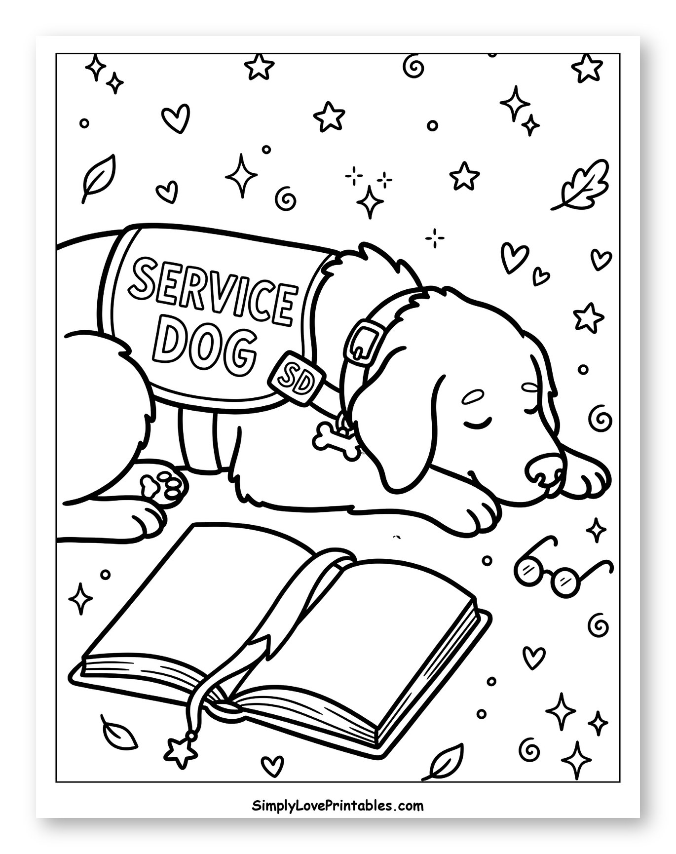 Sleeping Service Dog with Open Book to Color for Adults