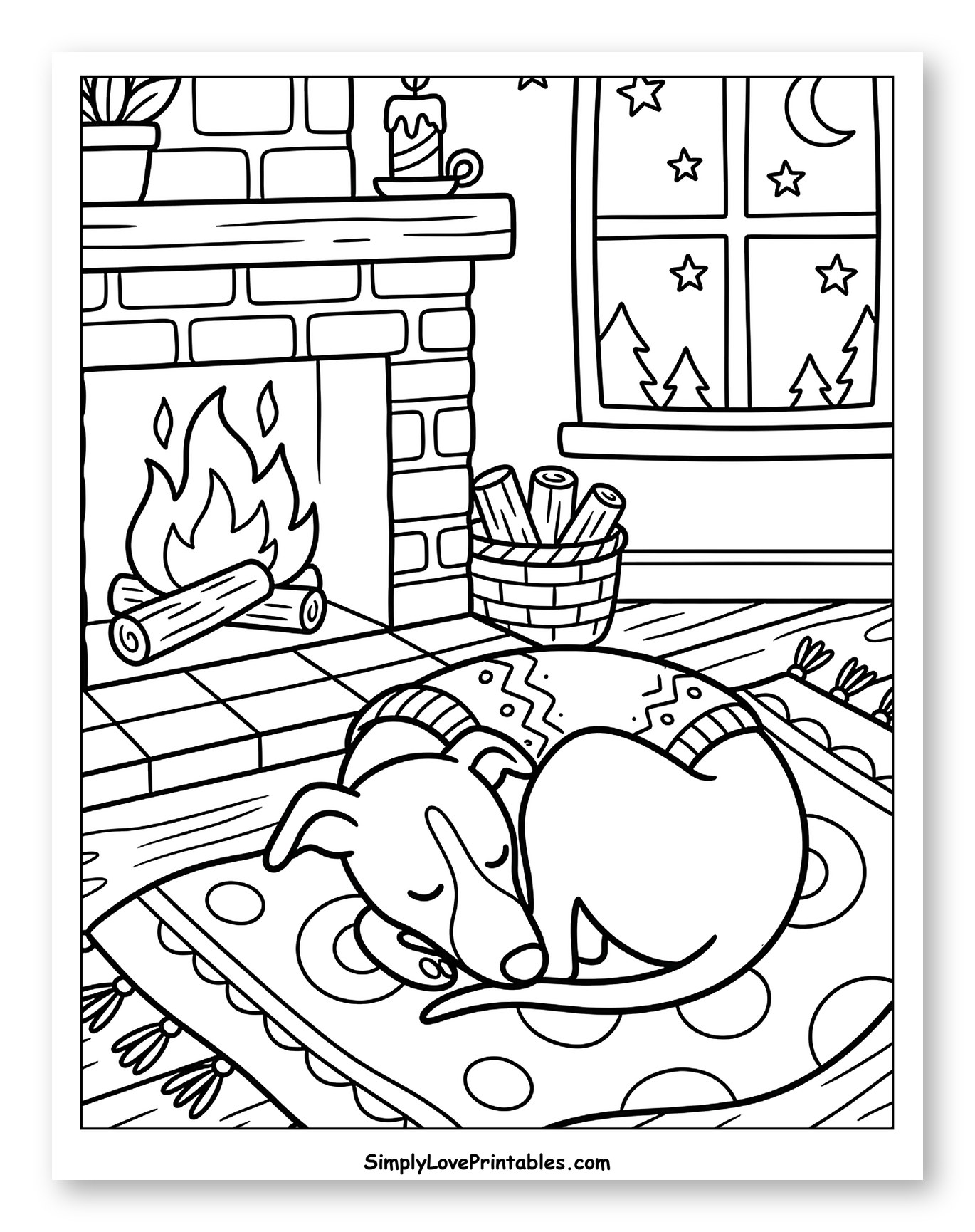 Sleeping Whippet by Cozy Winter Fireplace Coloring Sheet for Kids