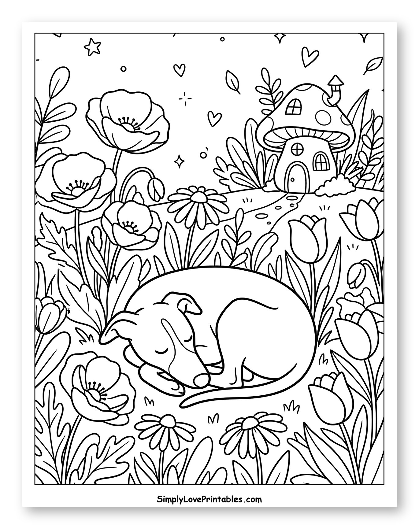 Sleeping Whippet Dog in a Flower Garden with Mushroom House Coloring Sheet for Adults