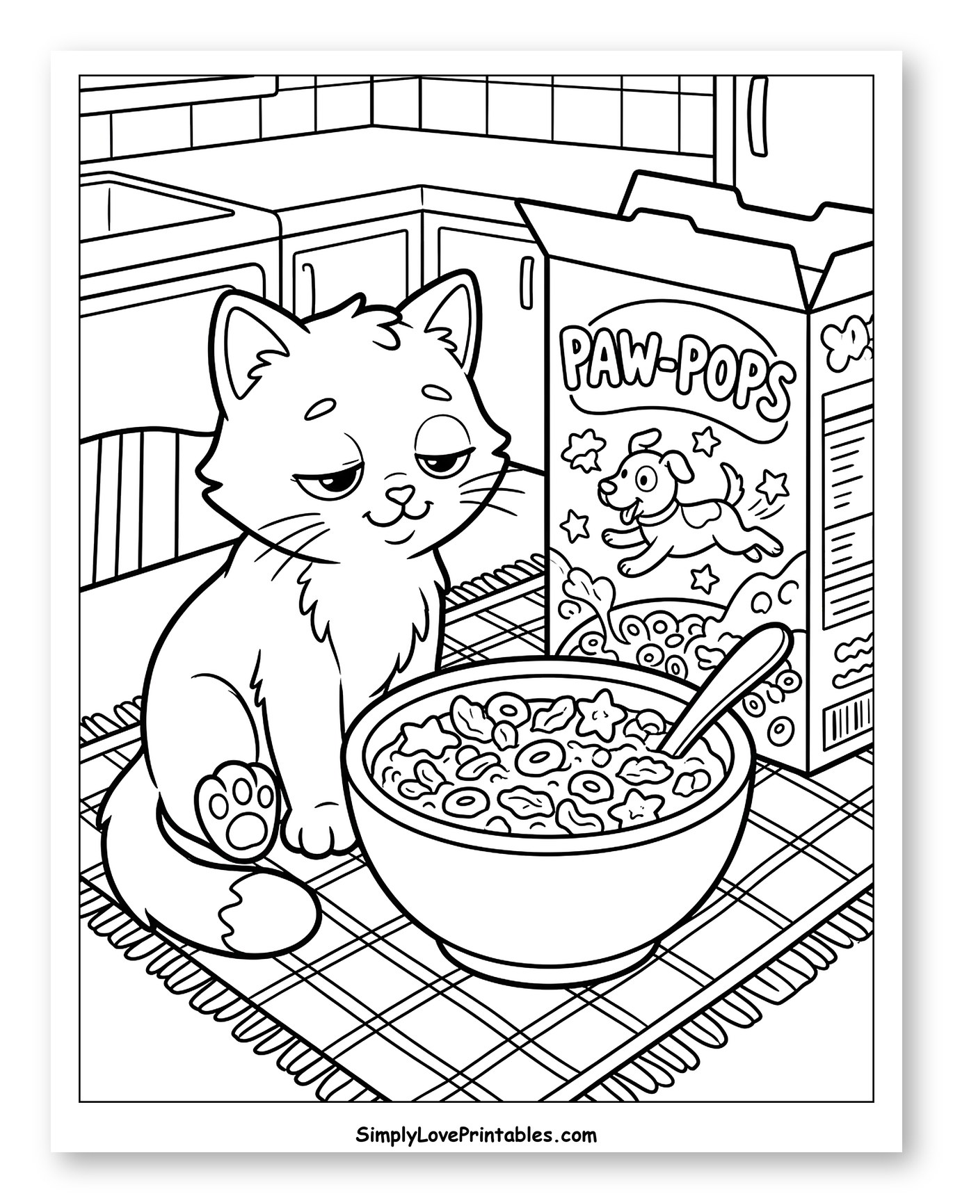 Sleepy Cat with Paw-Pops Cereal Coloring Page for Kids