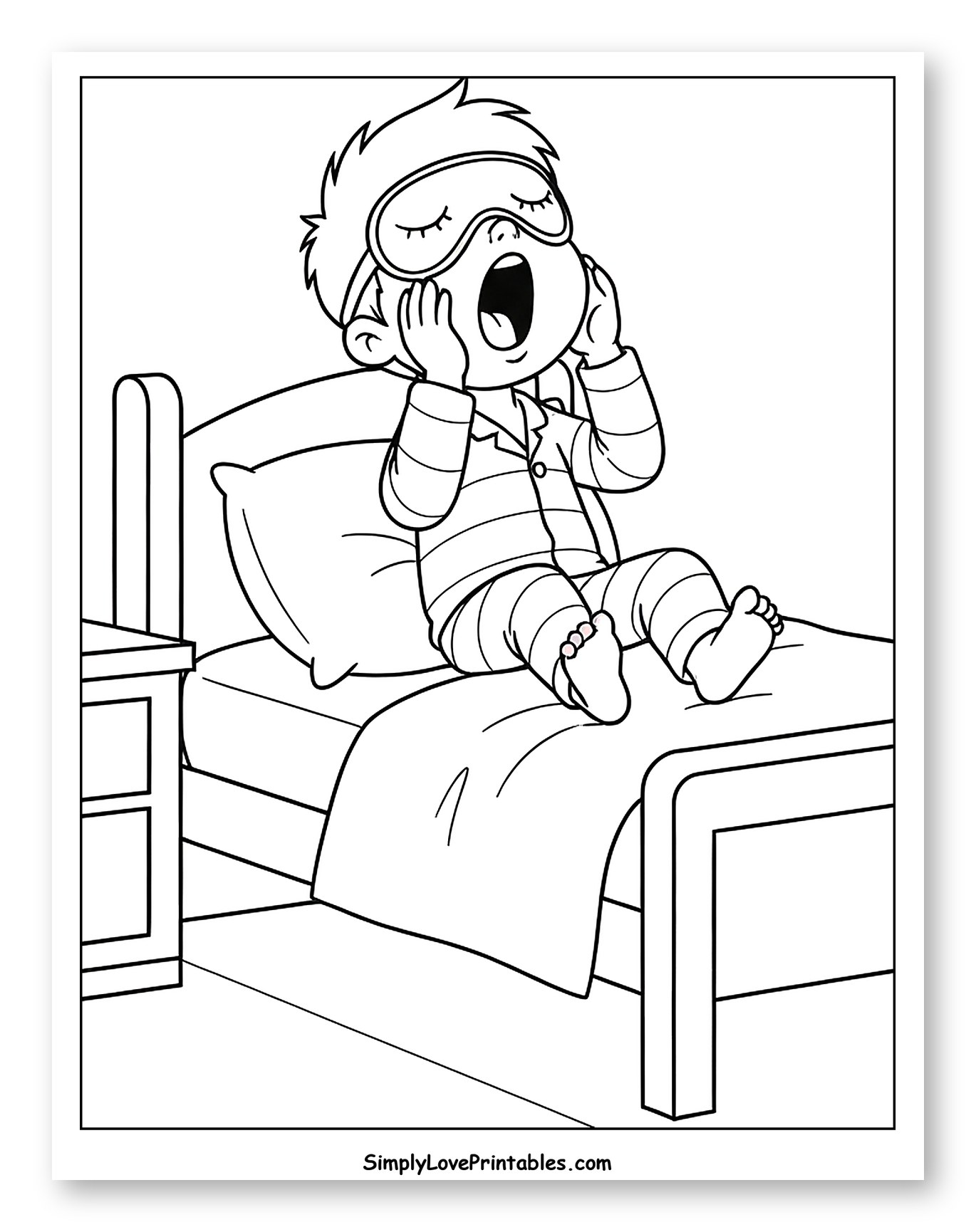 Sleepy Child Yawning in Bed to Color for Kids