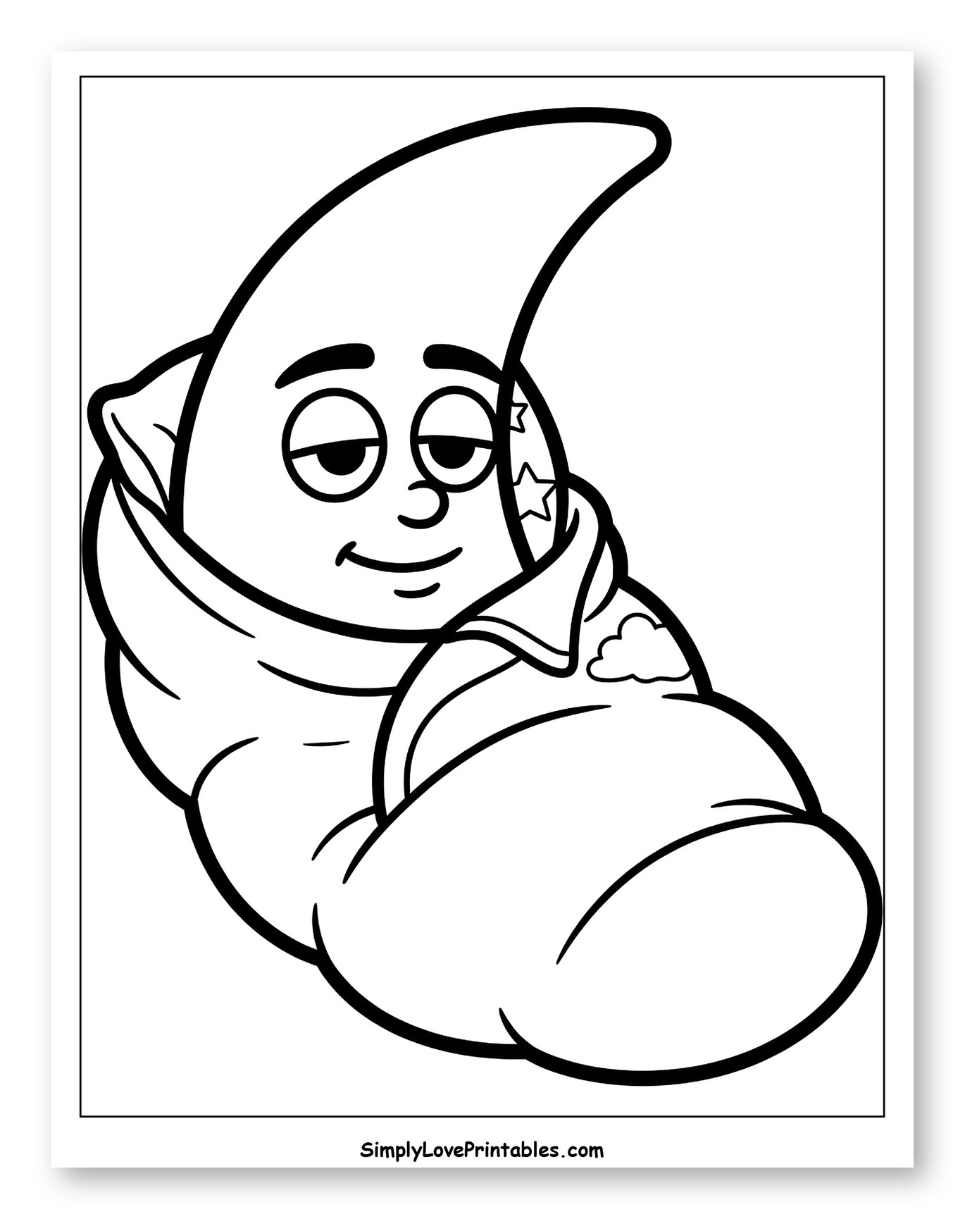 Sleepy Moon Snuggled in a Sleeping Bag Coloring Sheet for Toddlers