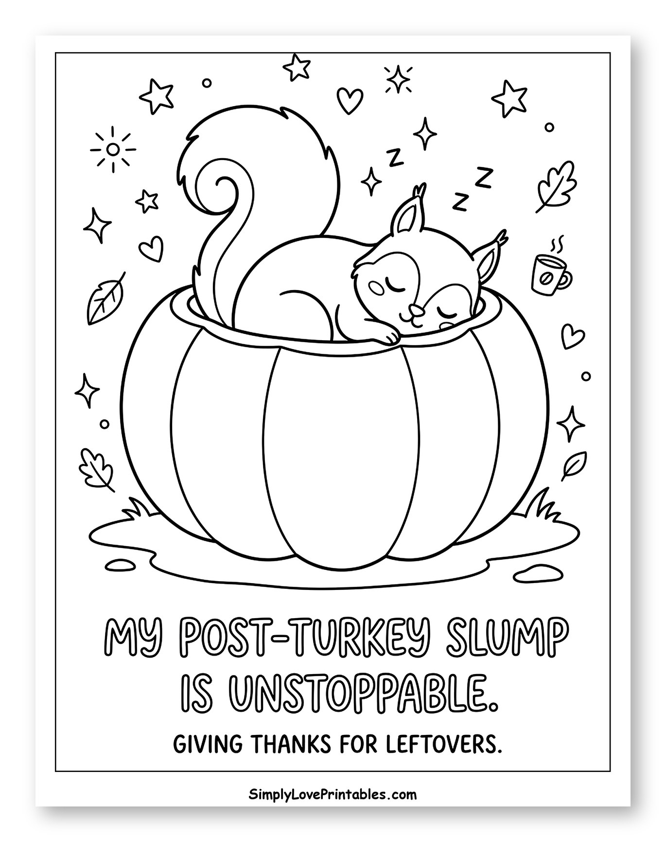 Sleepy Squirrel Napping in a Giant Pumpkin Coloring Page for Adults