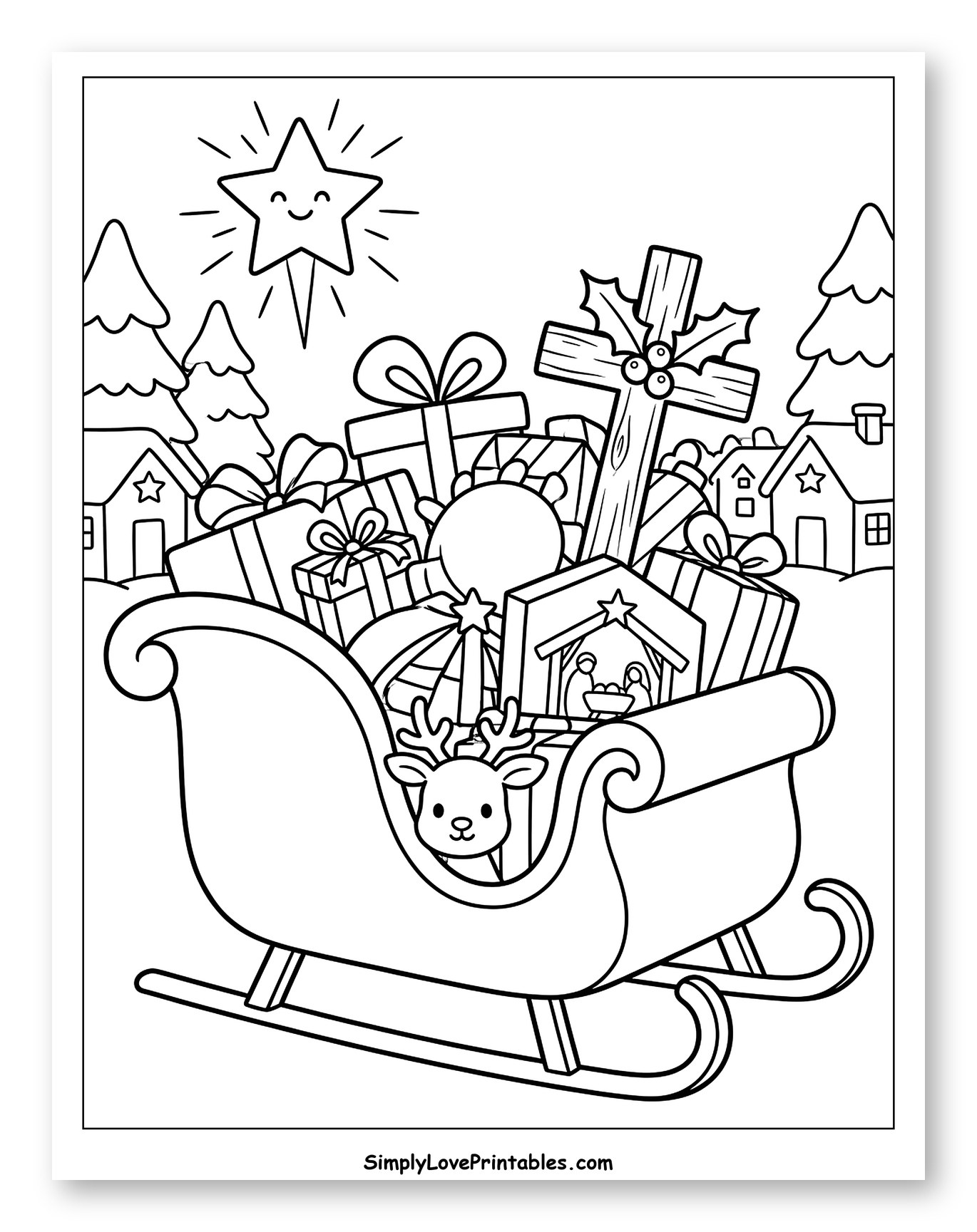 Sleigh Full of Christmas Gifts and Symbols Coloring Page for Kids