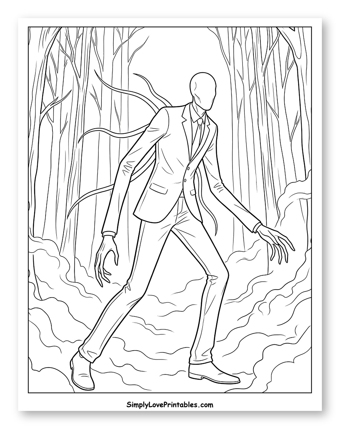 Slender Man Amidst Bare Trees and Fog Coloring Sheet