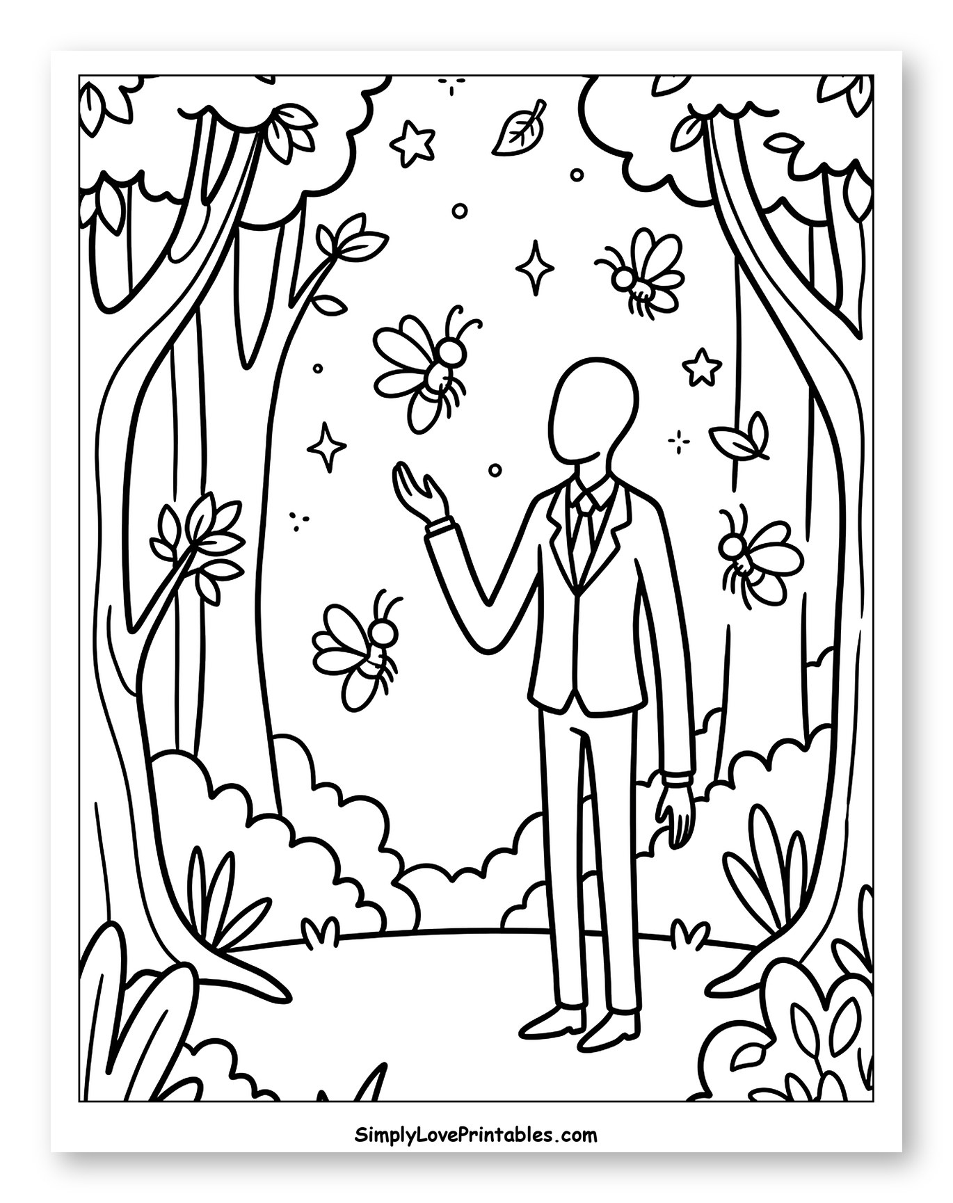 Slender Man in Forest with Flying Insects to Color for Adults