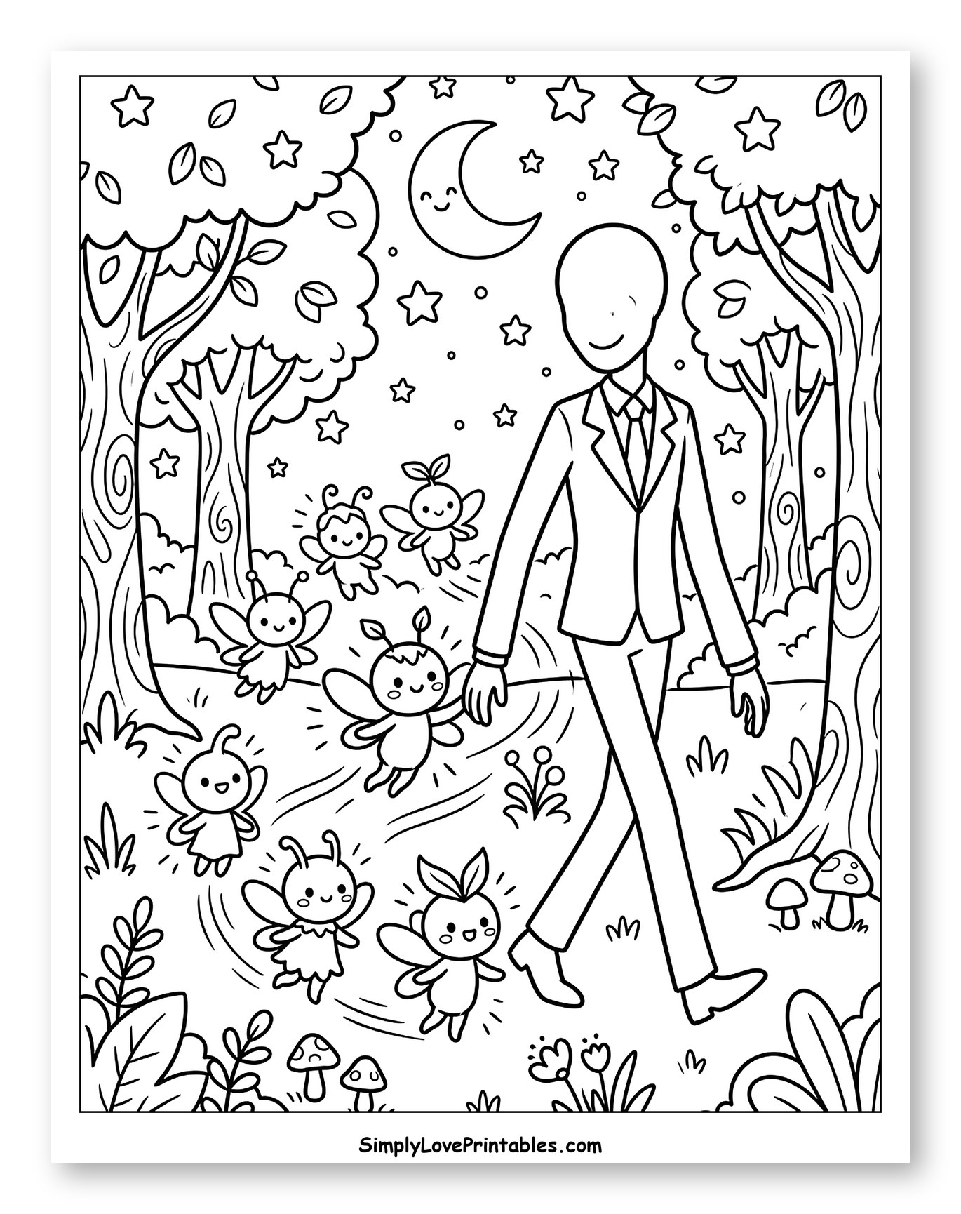 Slender Man Walking with Fairies at Night