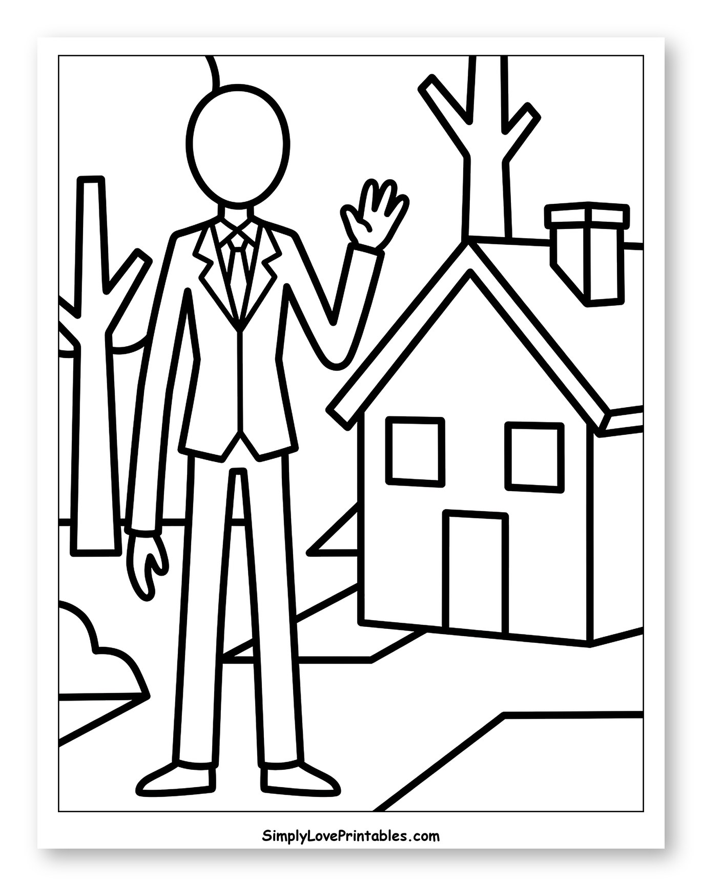 Slender Man Waving Next to a House to Color for Toddlers