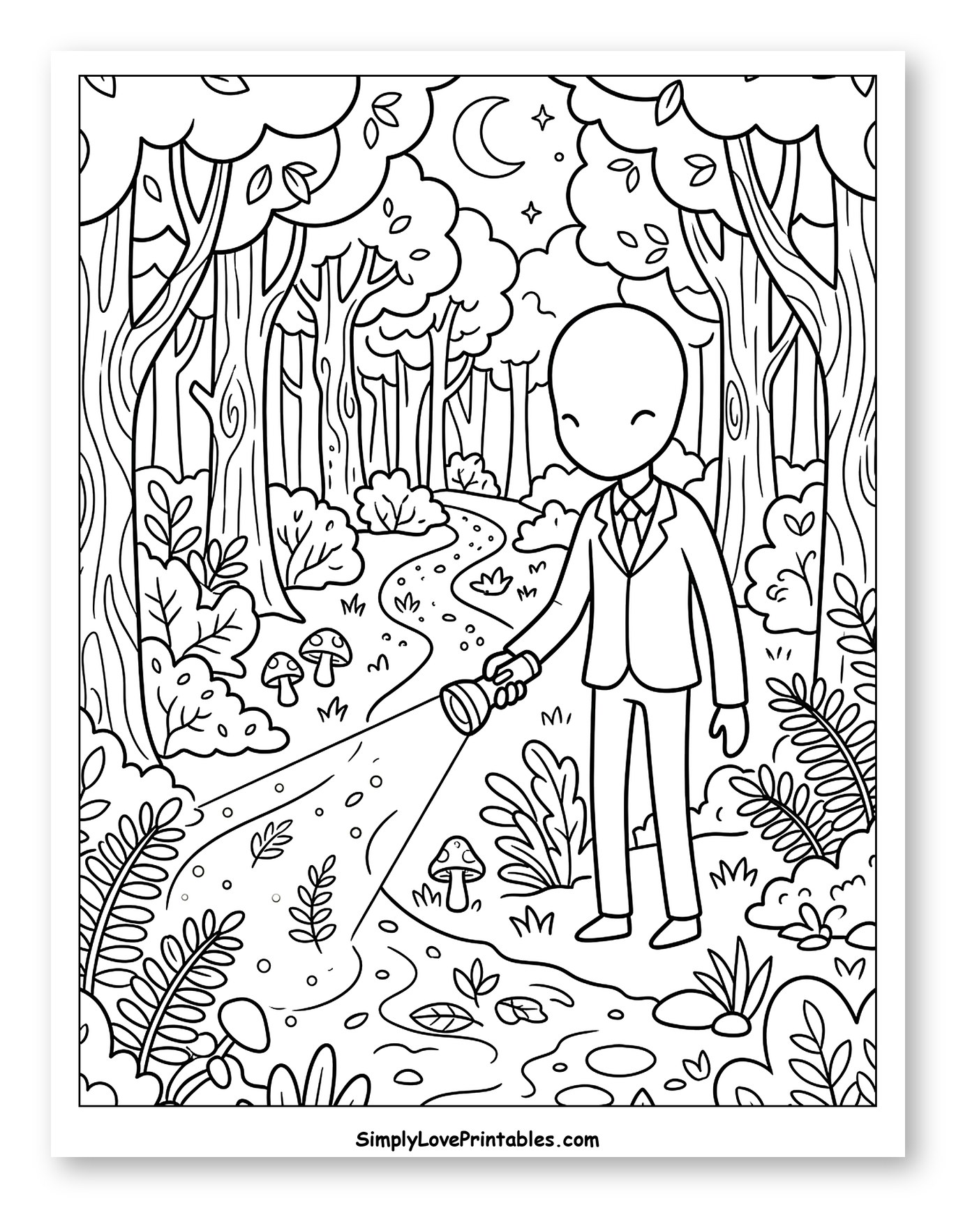 Slender Man with Flashlight in Dark Forest to Color for Kids