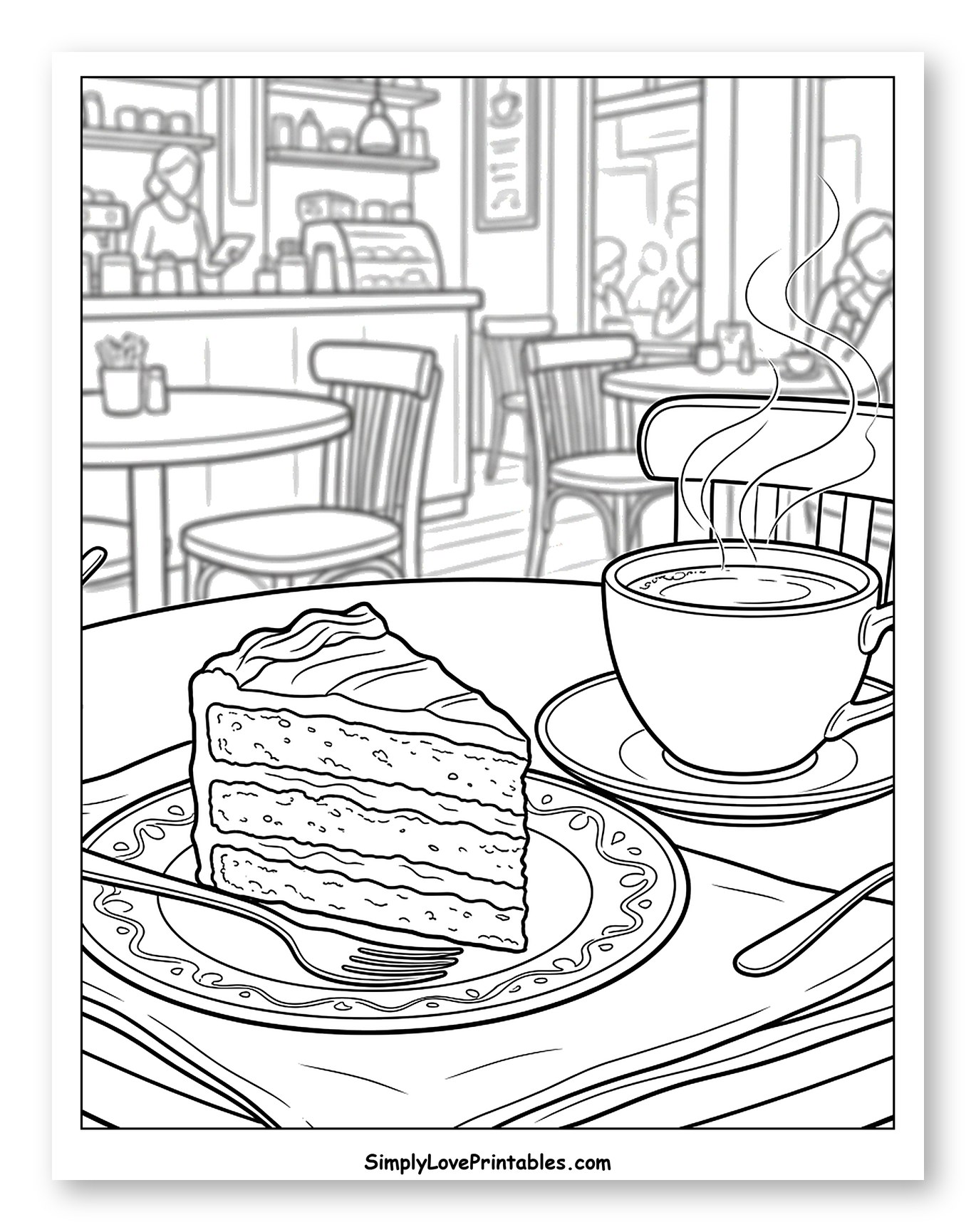 Slice of Cake and Steaming Coffee in Cafe to Color