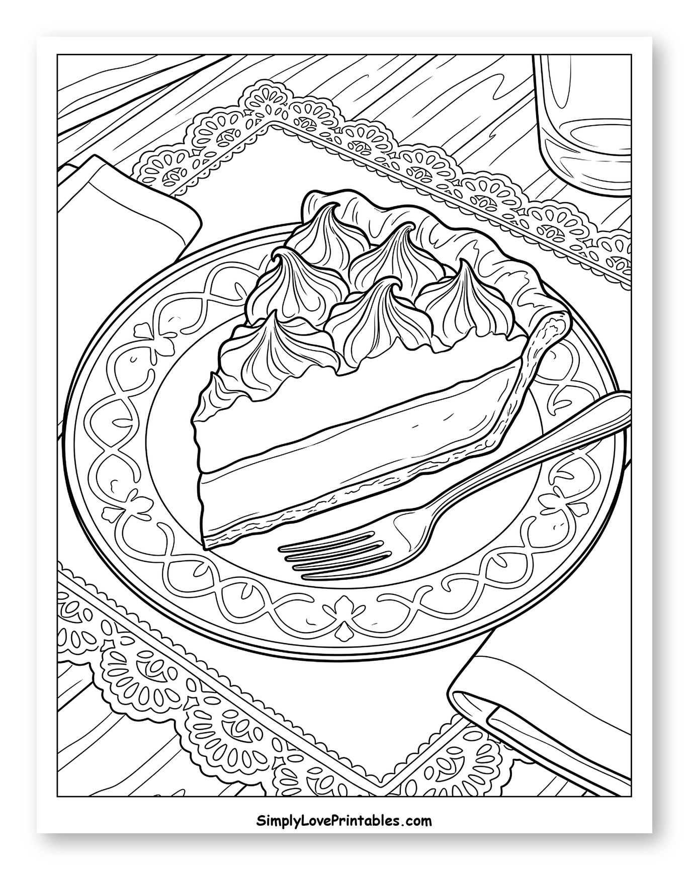 Slice of Meringue Pie on a Decorative Plate Coloring Page
