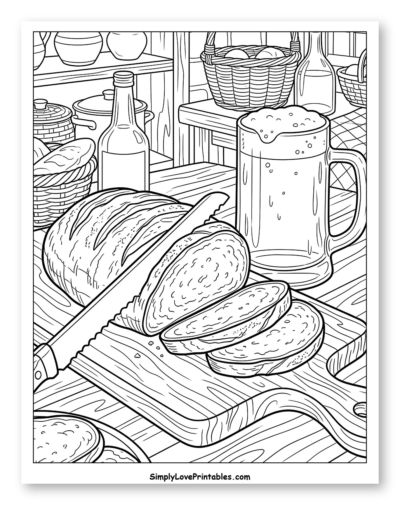 Slicing Fresh Bread with a Foaming Beer
