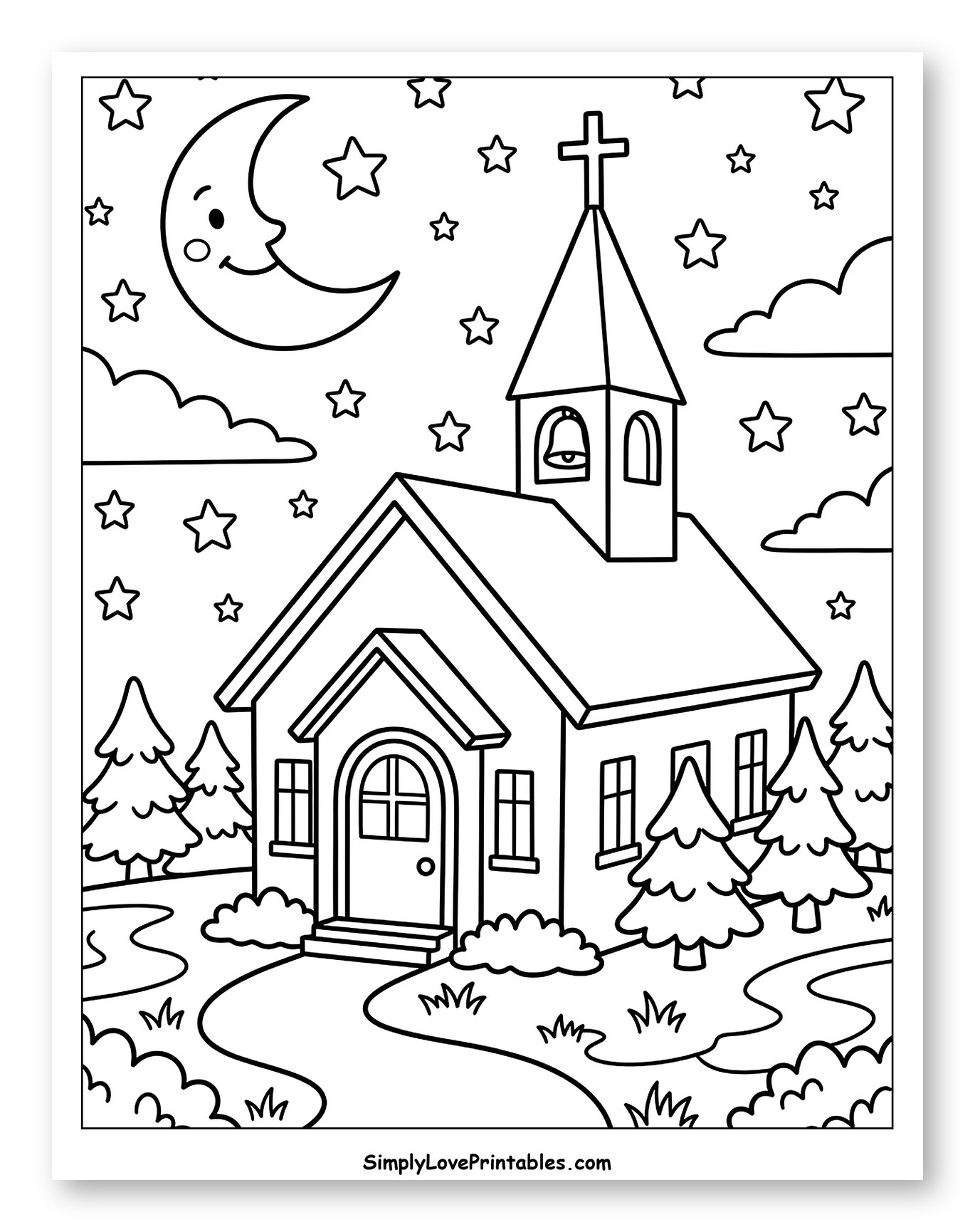 Small Church Under Starry Night Sky Coloring Page for Kids