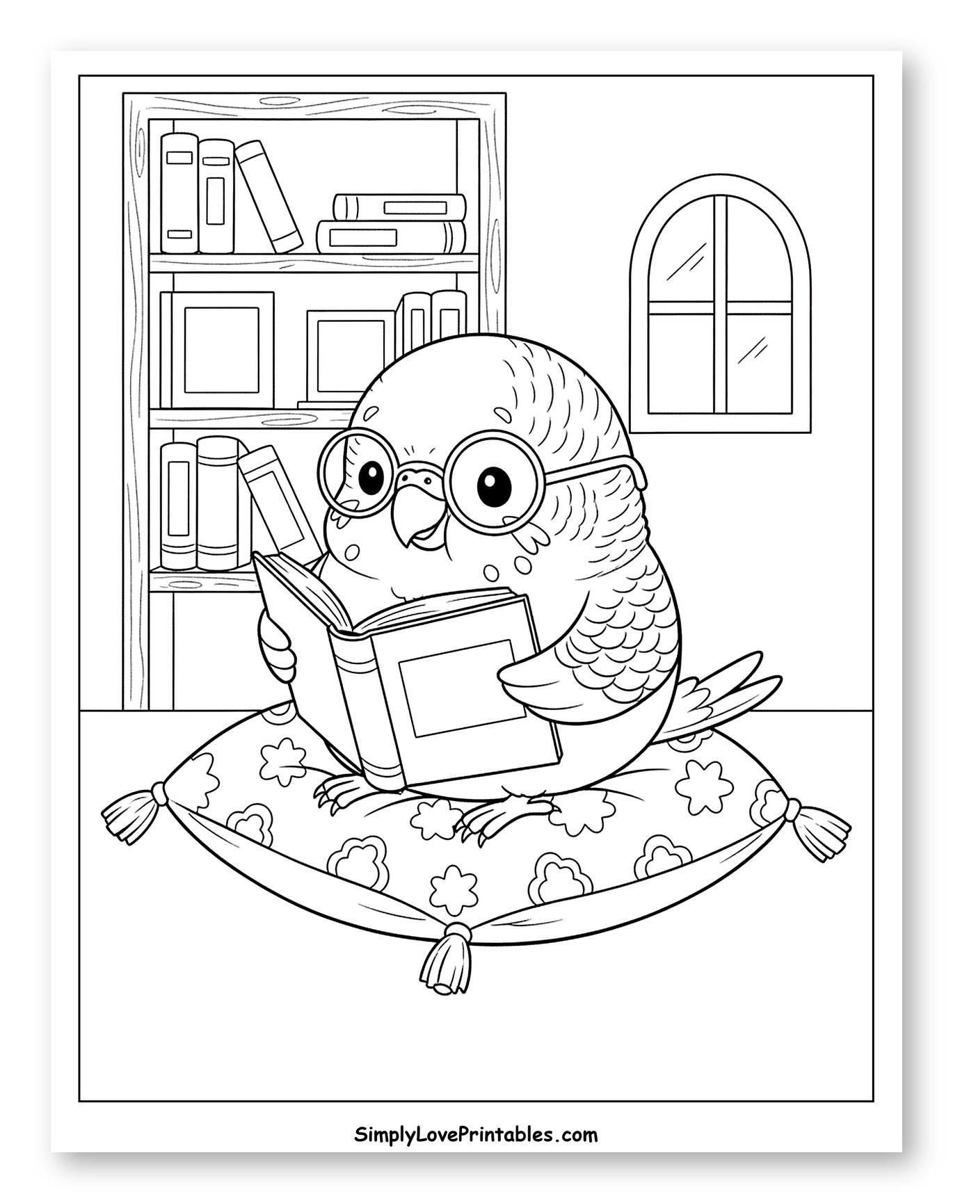 Smart Budgie Reading a Book on a Pillow