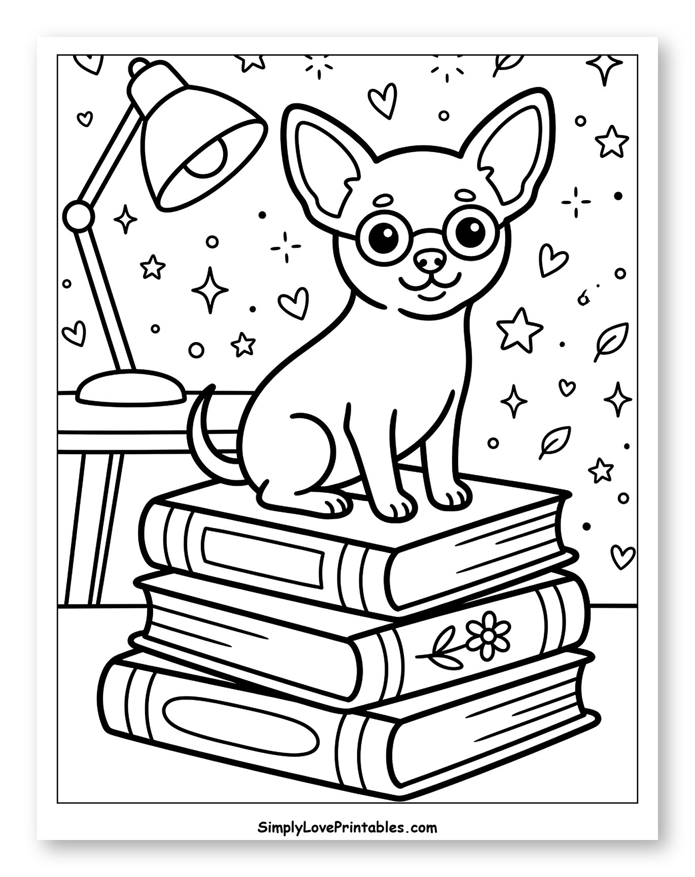 Smart Chihuahua on a Stack of Books Coloring Page for Adults