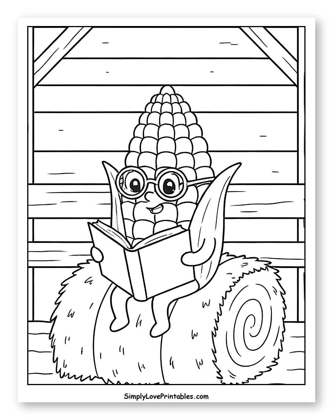 Smart Corn Reading Book on Hay Bale to Color for Kids