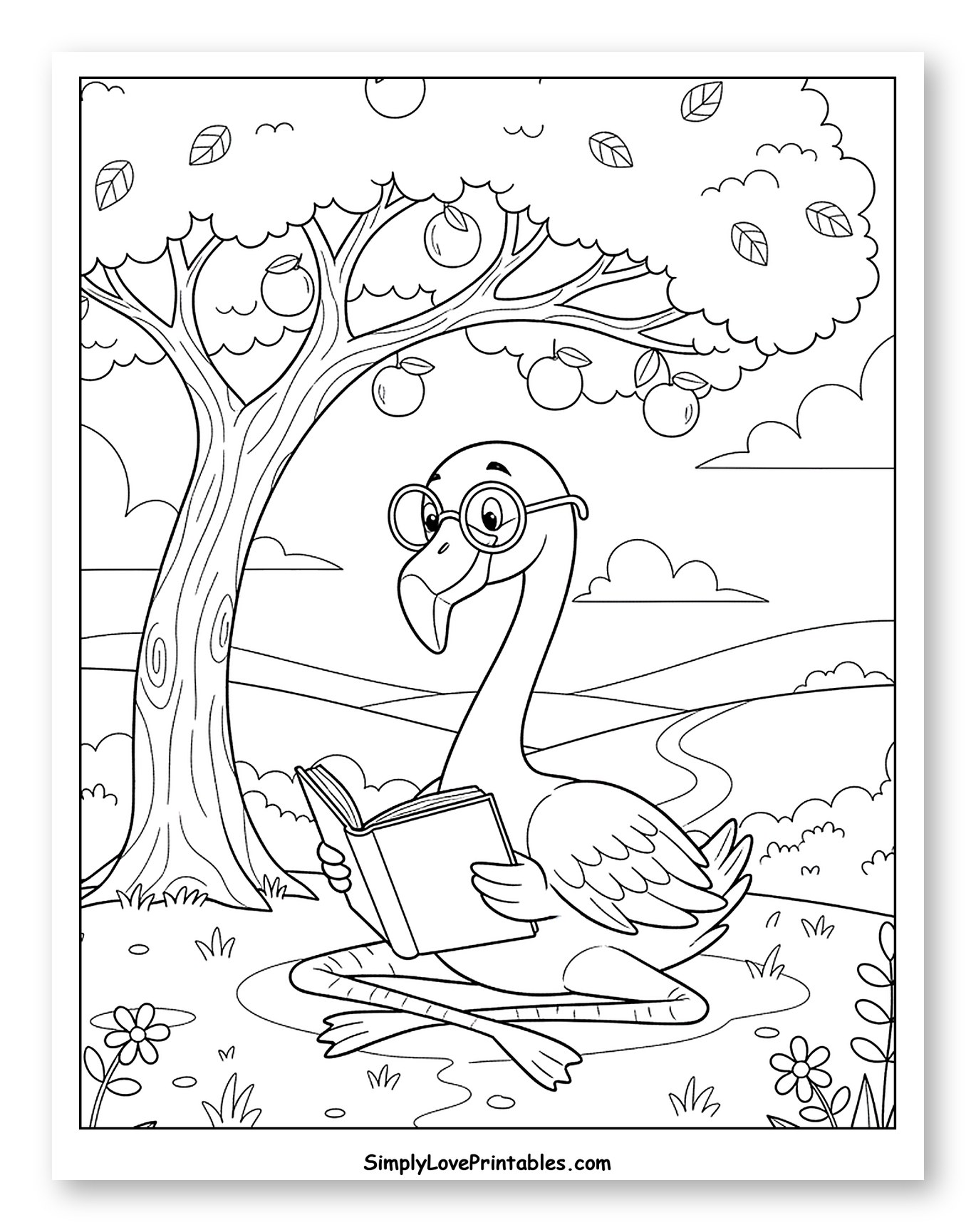 Smart Flamingo Reading Under an Apple Tree