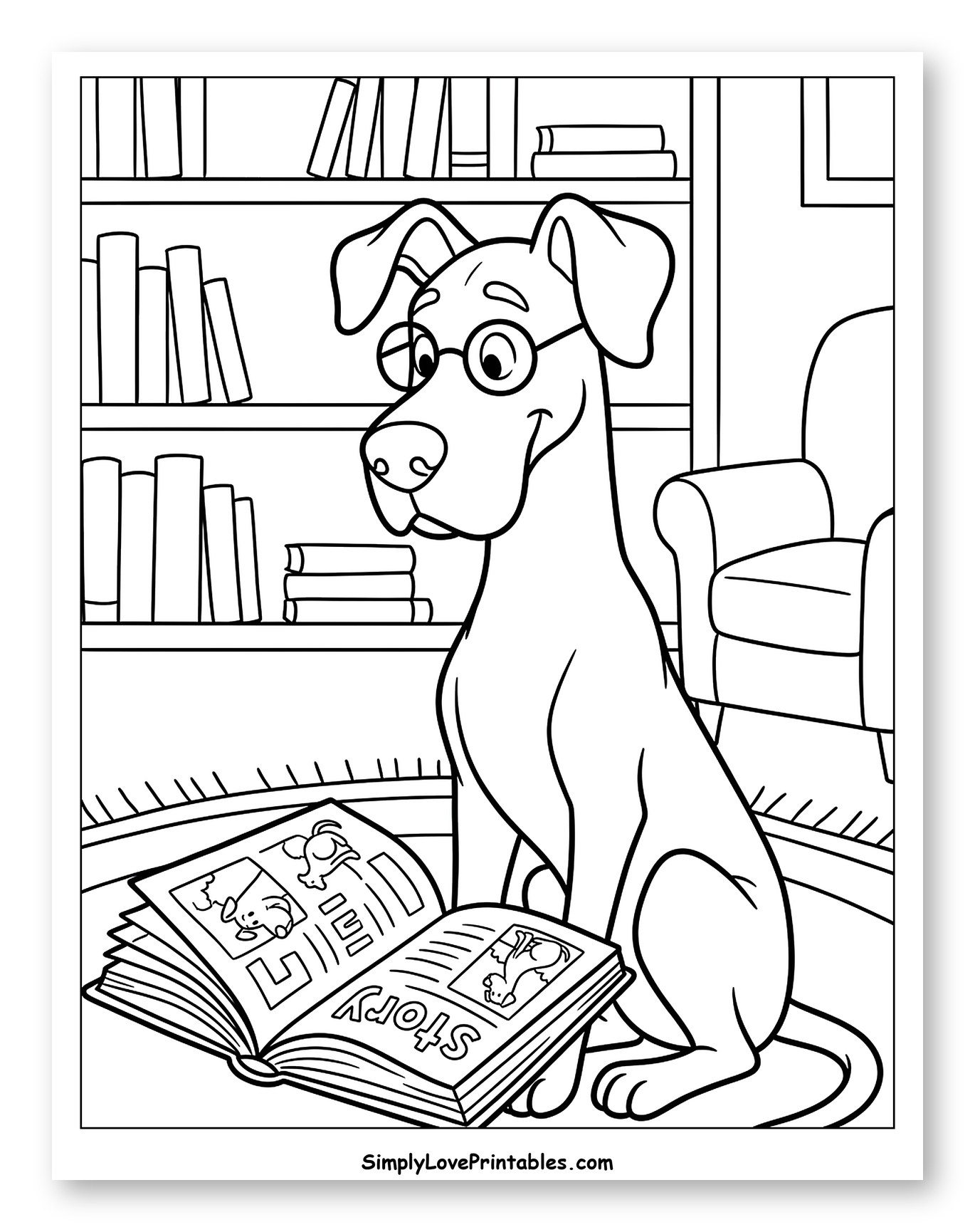 Smart Great Dane Dog Reading a Storybook
