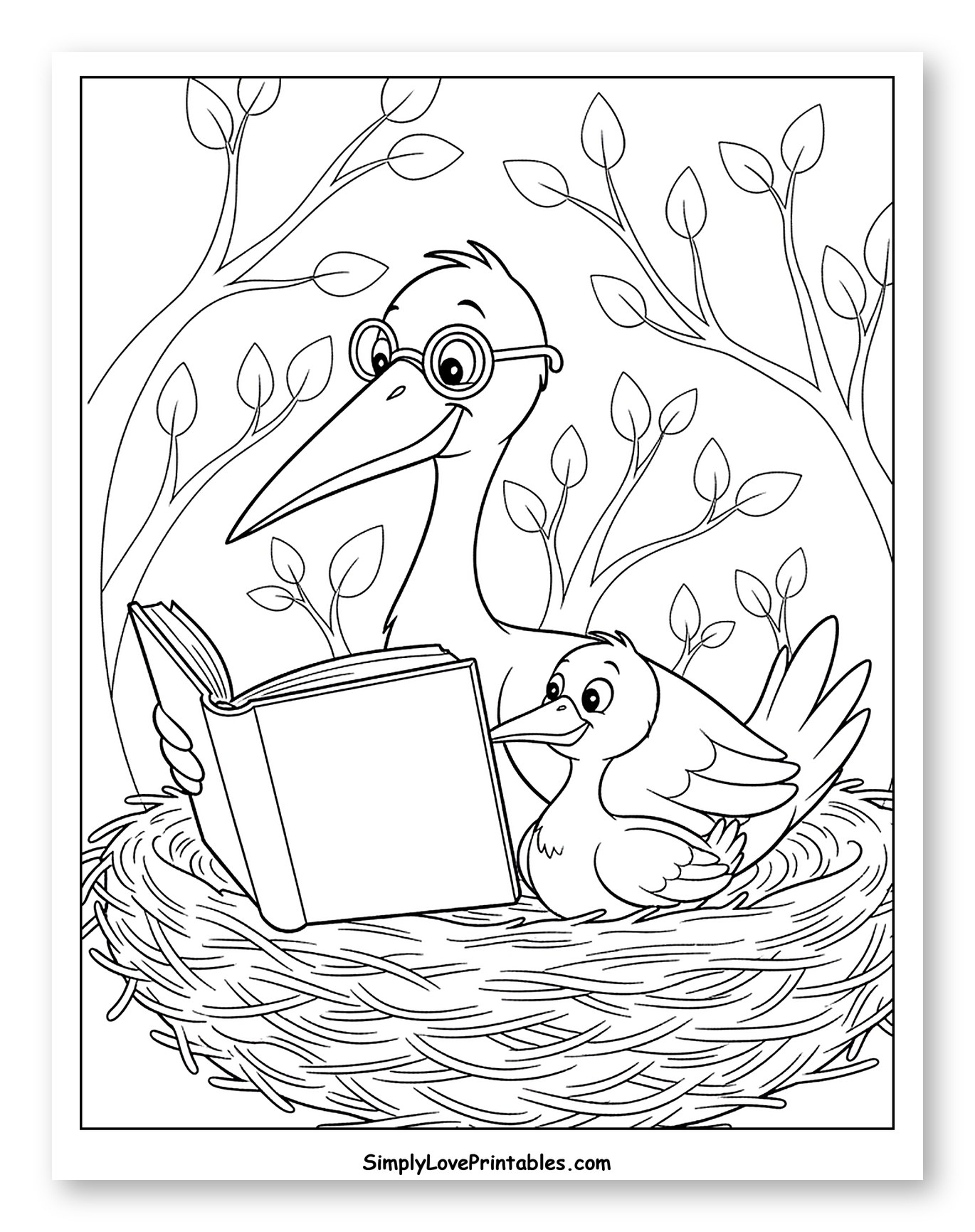 Smart Stork Reading to Young Bird in Nest Coloring Page for Kids