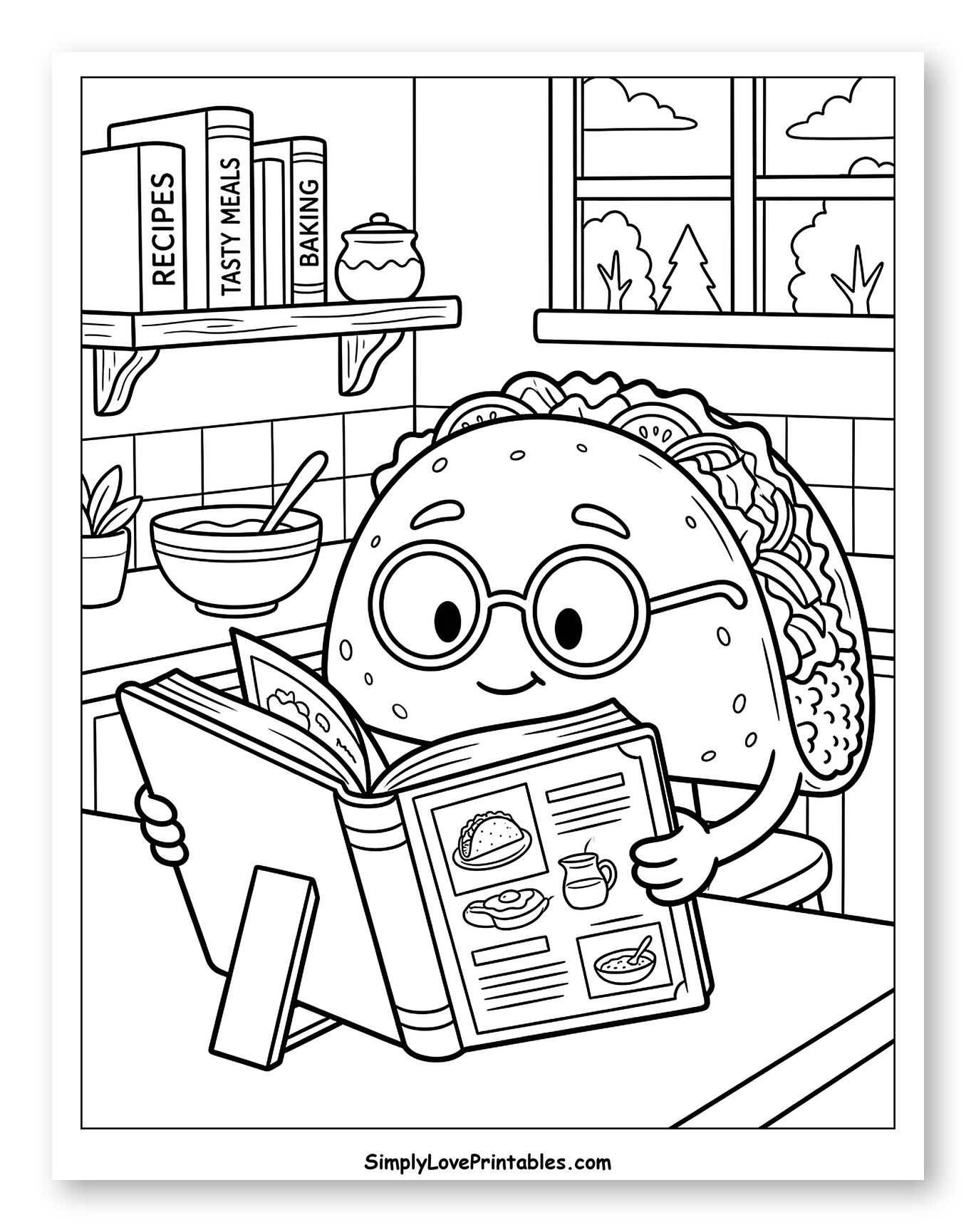 Smart Taco Character Reading a Cookbook Coloring Page for Kids