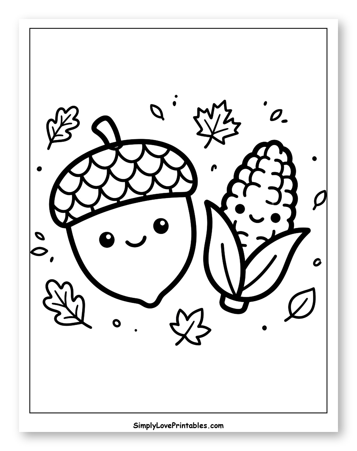 Smiling Acorn and Sweet Corn with Autumn Leaves