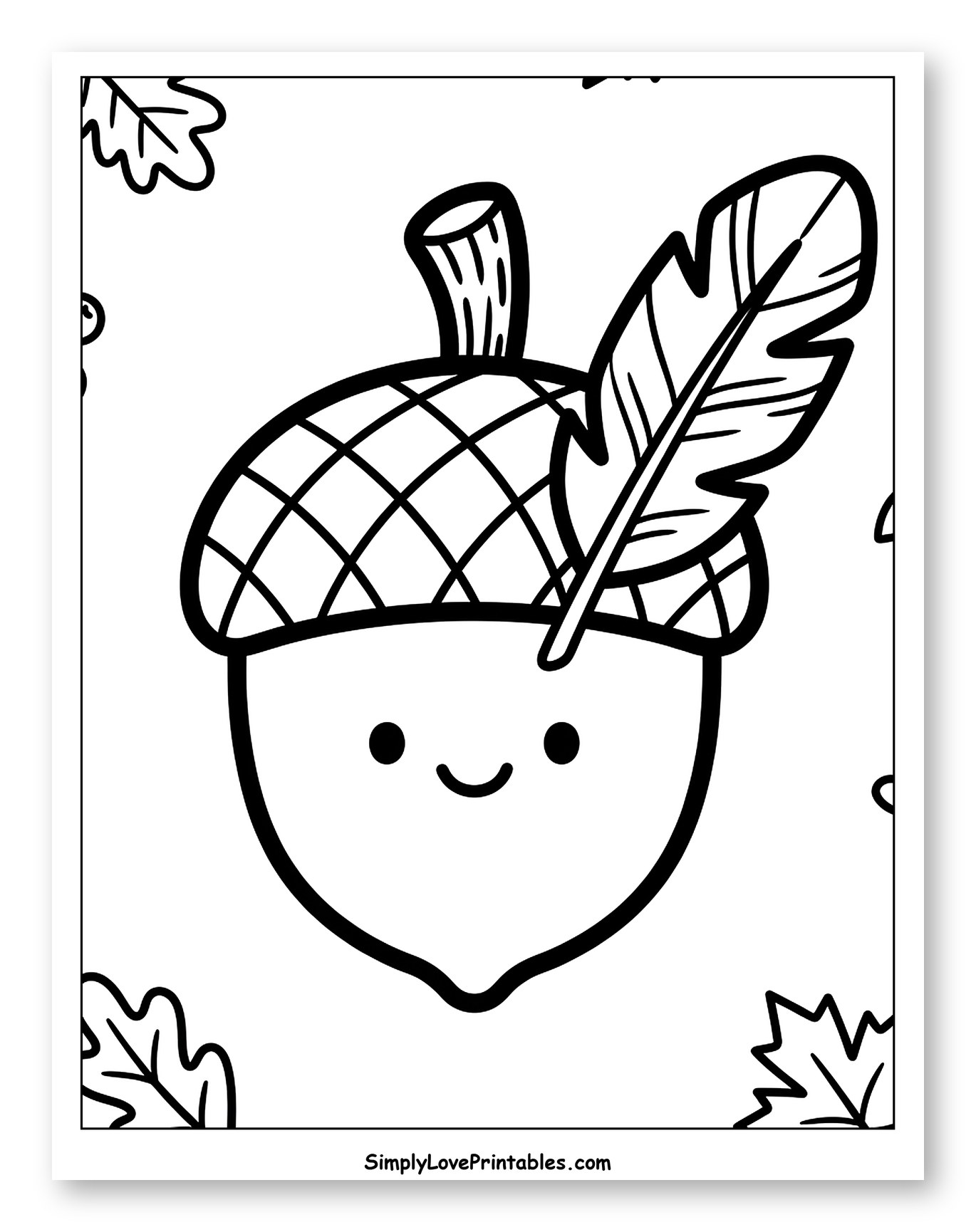 Smiling Acorn with a Feather and Fall Foliage