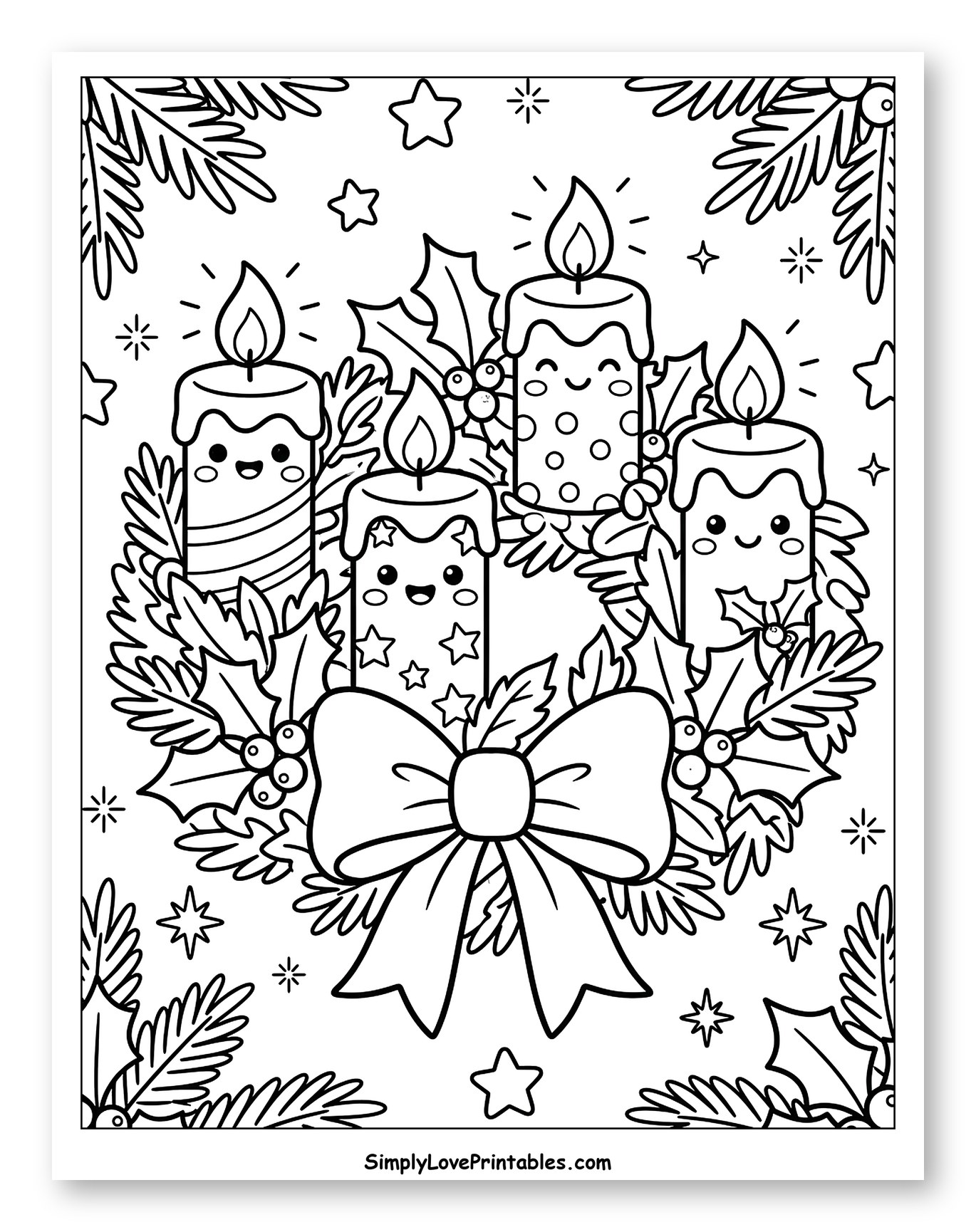 Smiling Advent Candles in Holiday Wreath Coloring Page for Kids