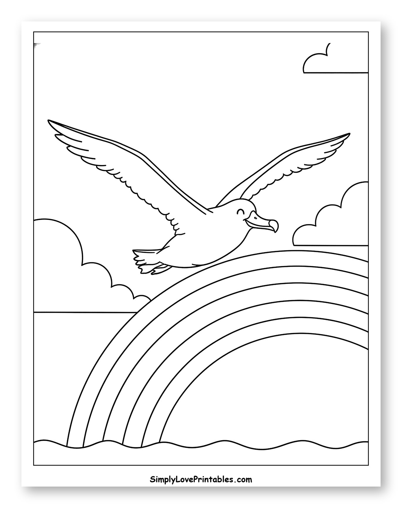 Smiling Albatross Flying Over Ocean Rainbow Coloring Page for Toddlers
