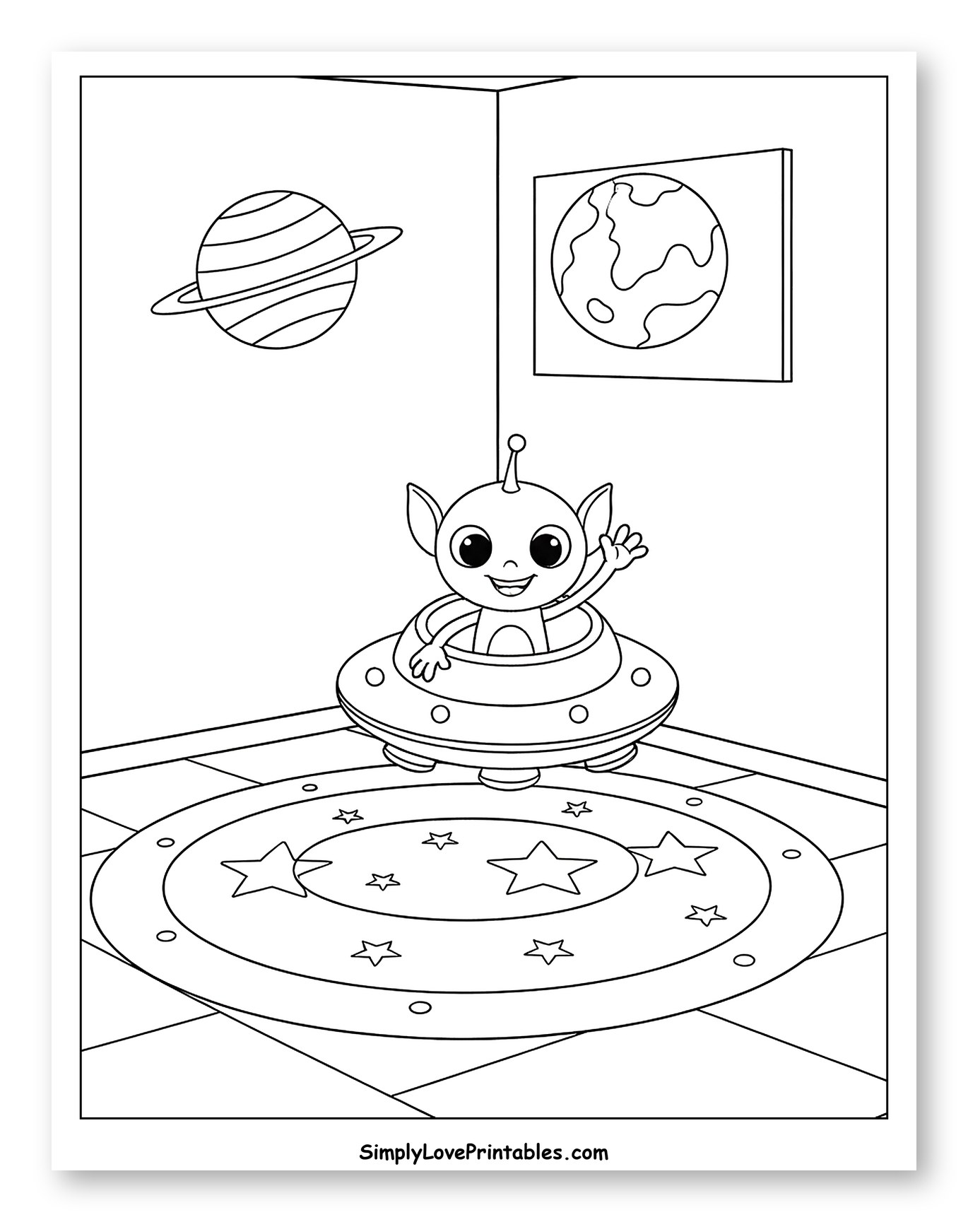 Smiling Alien in UFO on a Star Rug to Color for Kids