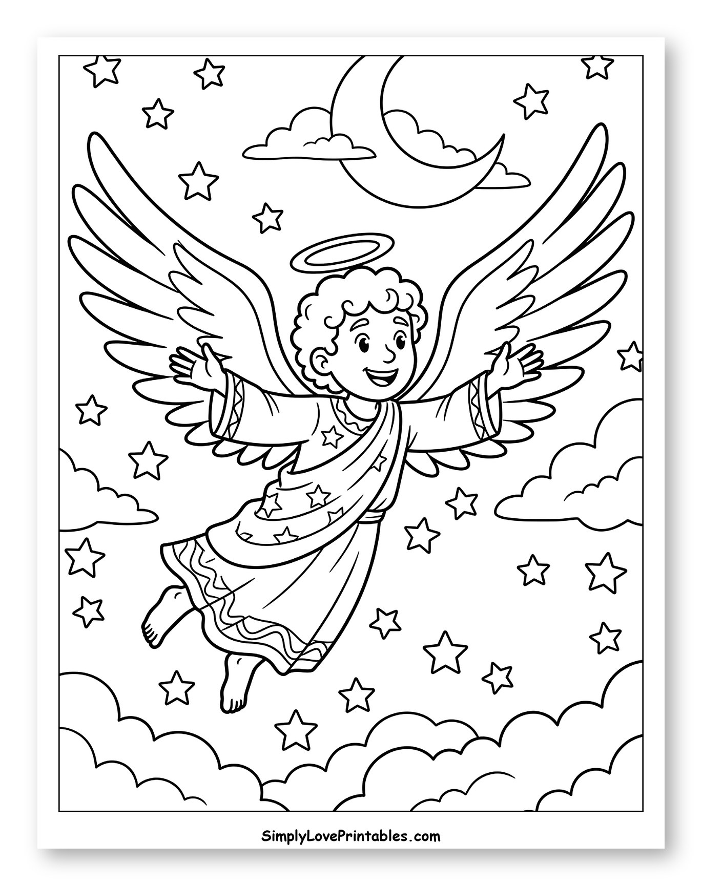 Smiling Angel Flying Among Stars and Clouds