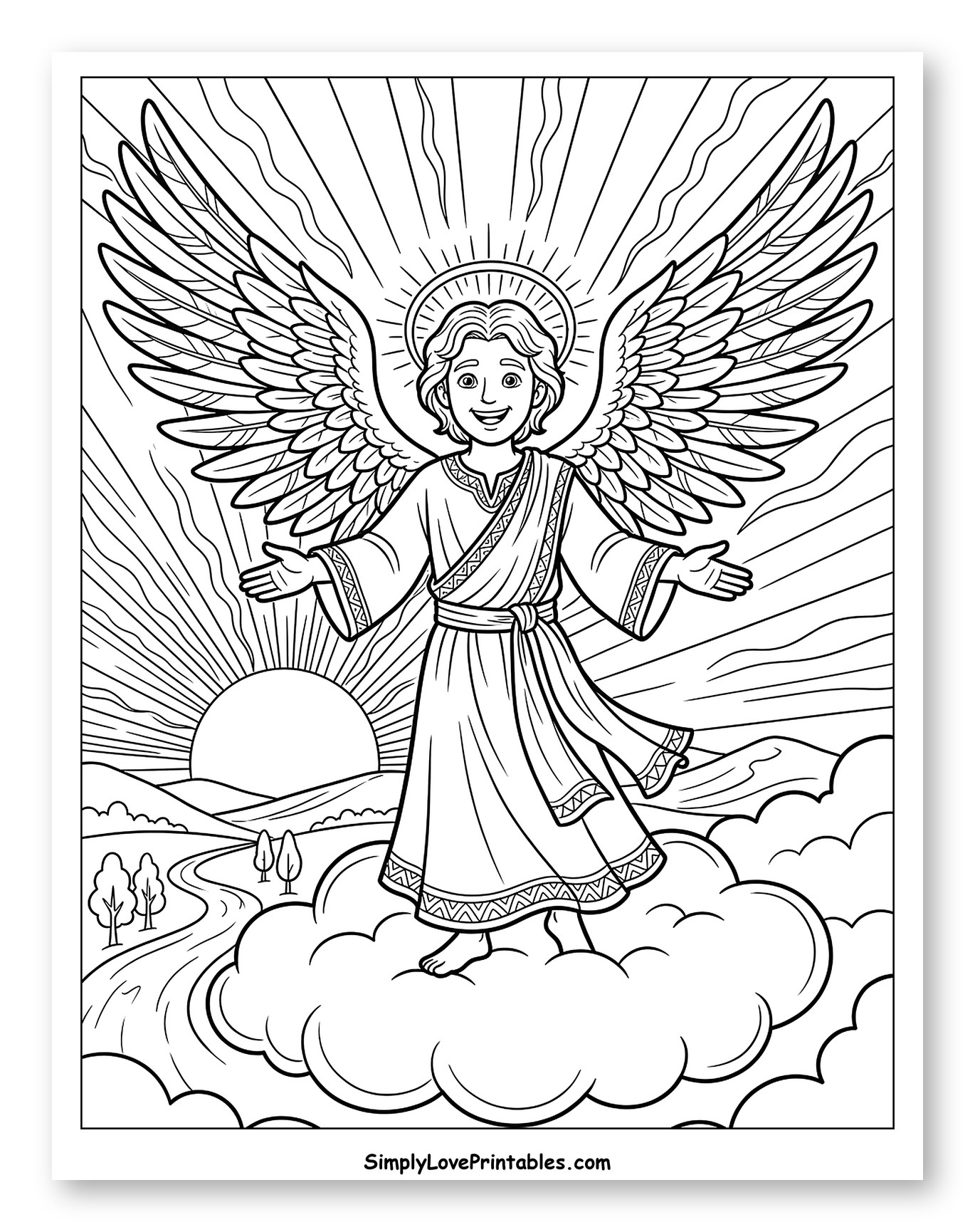 Smiling Angel Gabriel Welcoming Sunrise Coloring Page for Kids