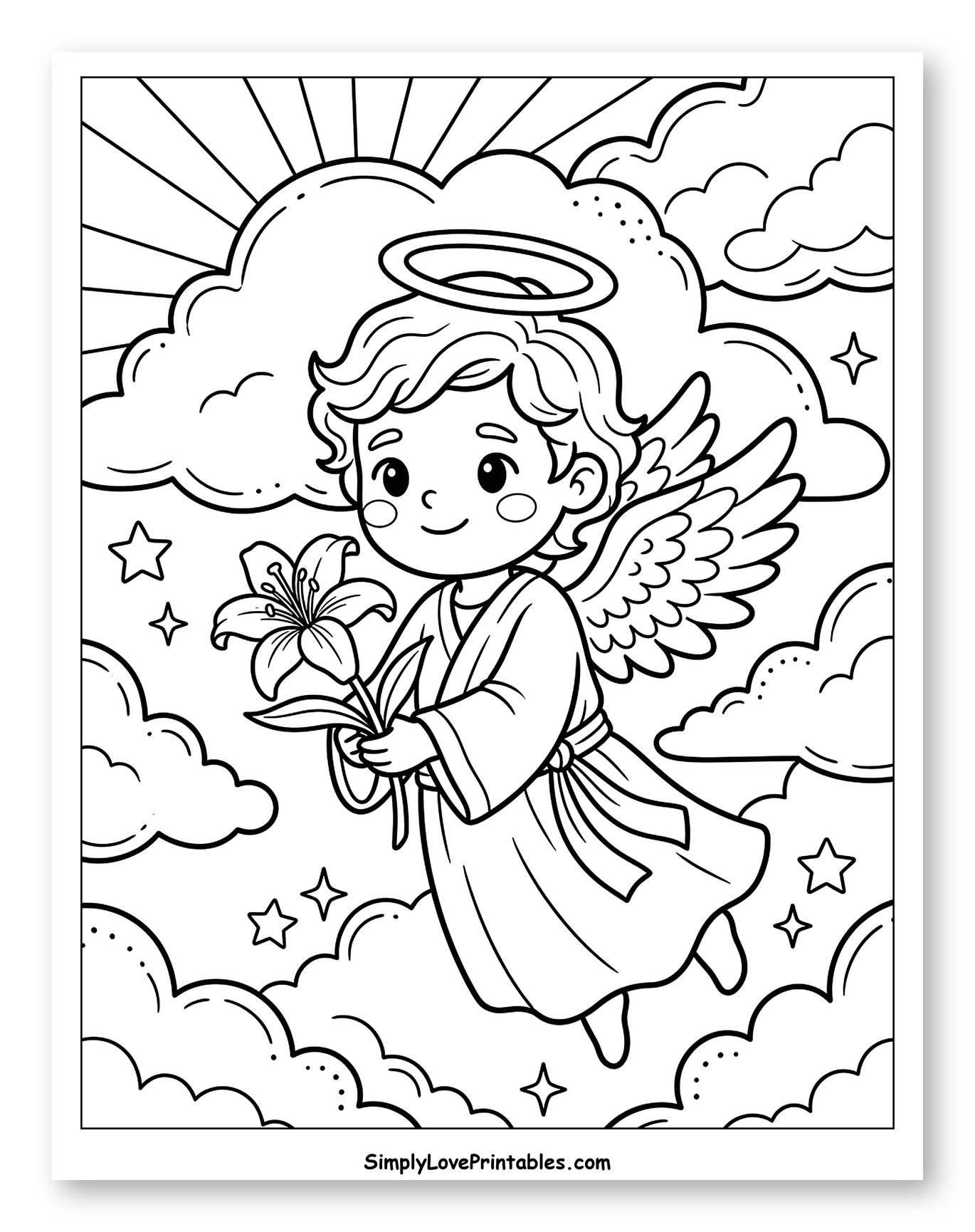 Smiling Angel Gabriel with Flower and Halo Coloring Sheet for Kids